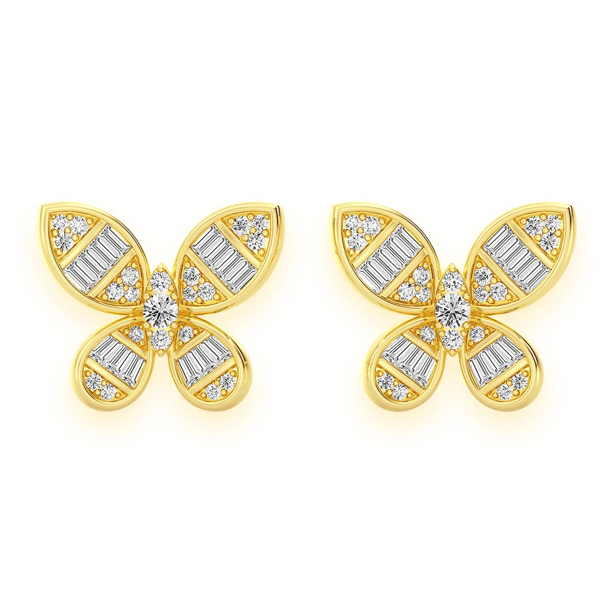 Butterfly Baguette Diamond Stud Earrings - in yellow gold