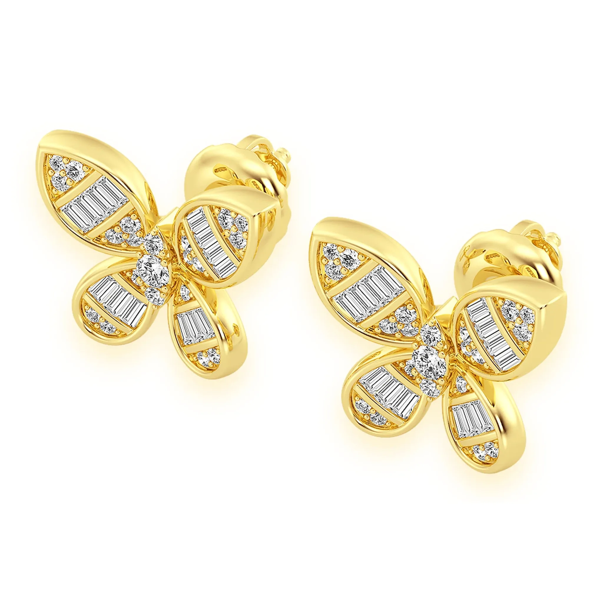 Butterfly Baguette Diamond Stud Earrings - in yellow gold (view 2 of 12)