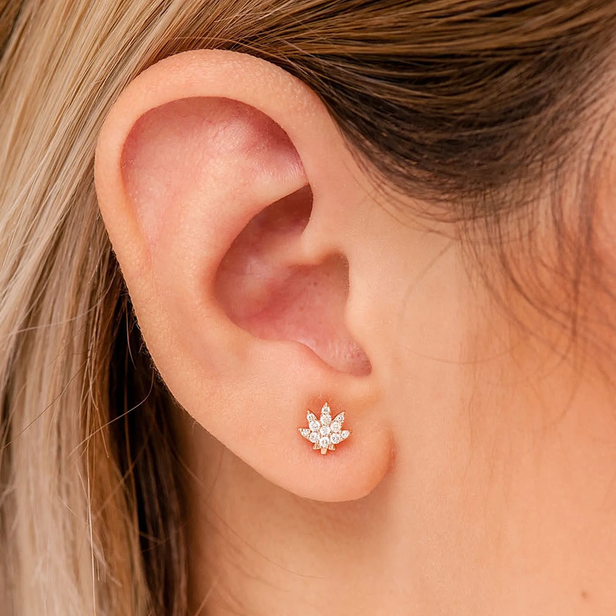 Cannabis Leaf Diamond Studs - earrings in yellow gold (view 4 of 12)