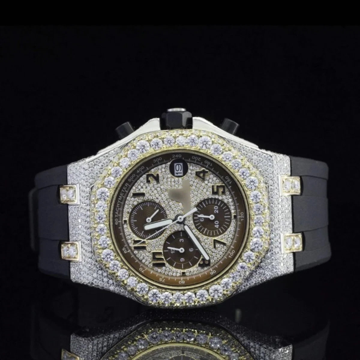 Chrono Automatic Moissanite Watch For Men With Black Rubber Belt
