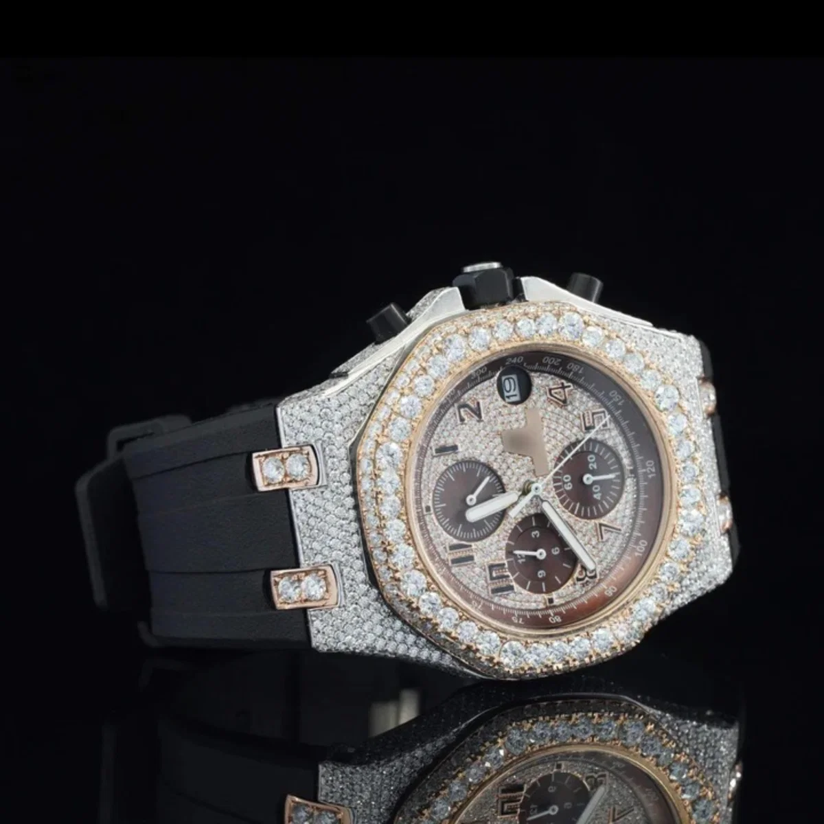 Chrono Automatic Moissanite Watch For Men With Black Rubber Belt (view 4 of 6)