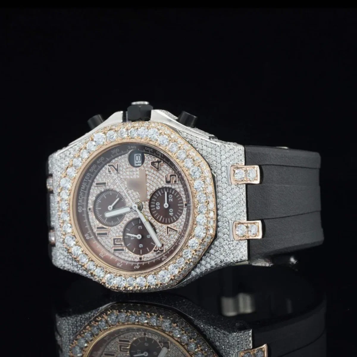 Chrono Automatic Moissanite Watch For Men With Black Rubber Belt (view 5 of 6)