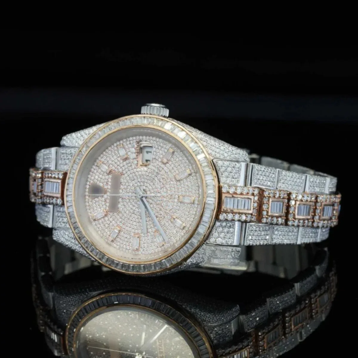 Classic Round and Baguette Iced Out Moissanite Diamond Automatic Watch For Men (view 5 of 6)