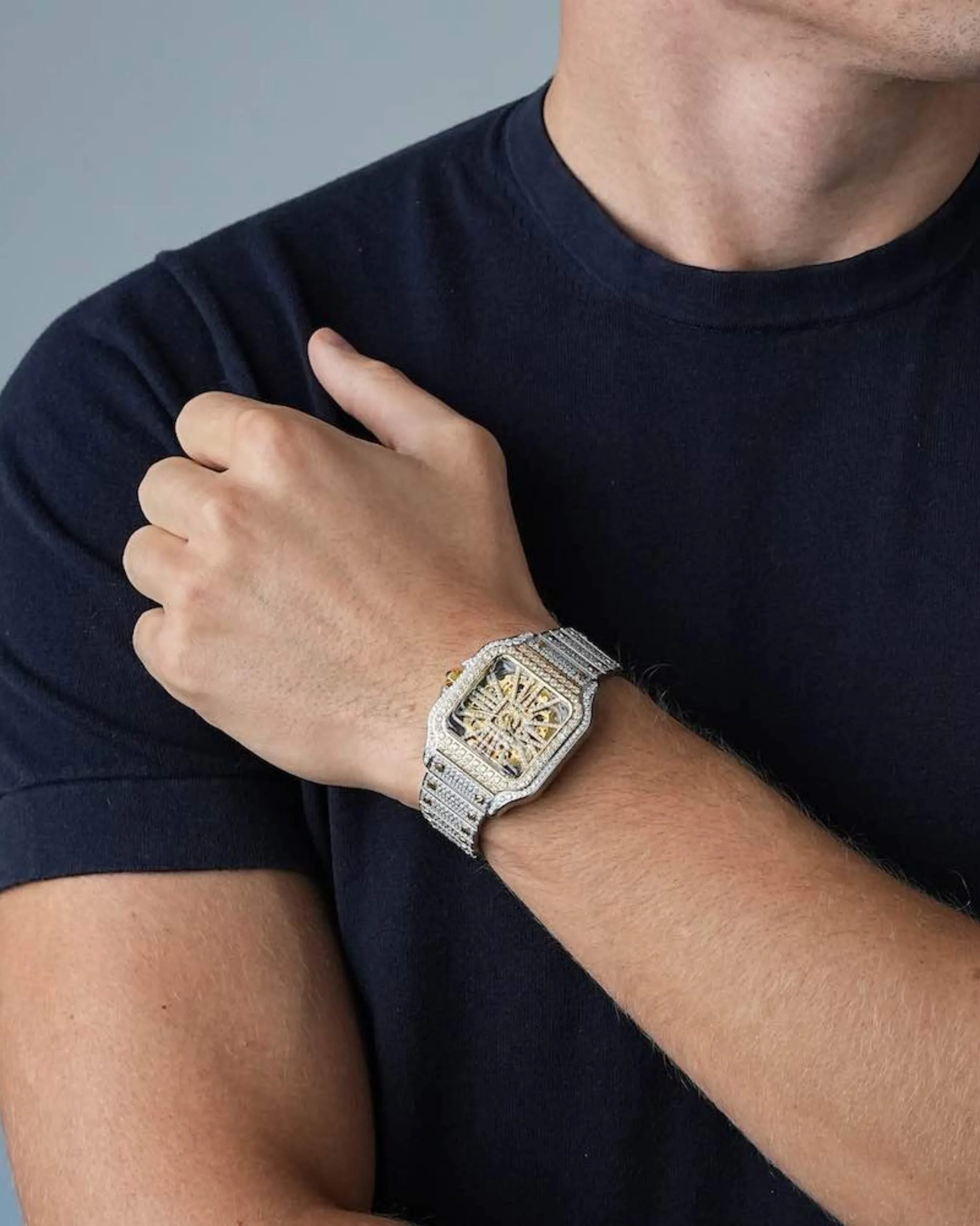 Moissanite Skeleton Watch | 42MM | 14K Yellow Gold | 14.1CT Bust Down (view 3 of 7)