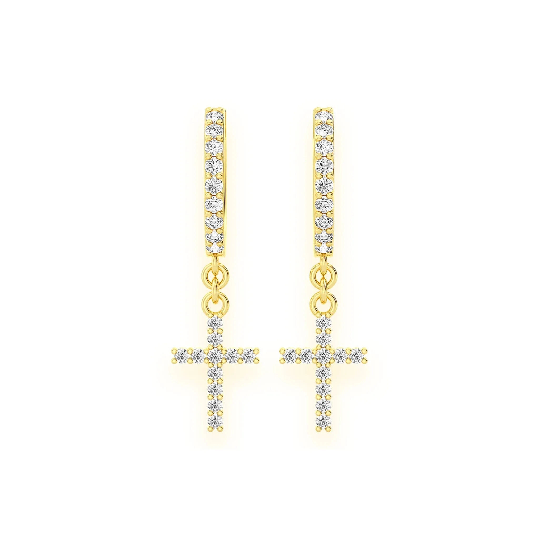 Cross Diamond Hoop Drops - earrings in yellow gold