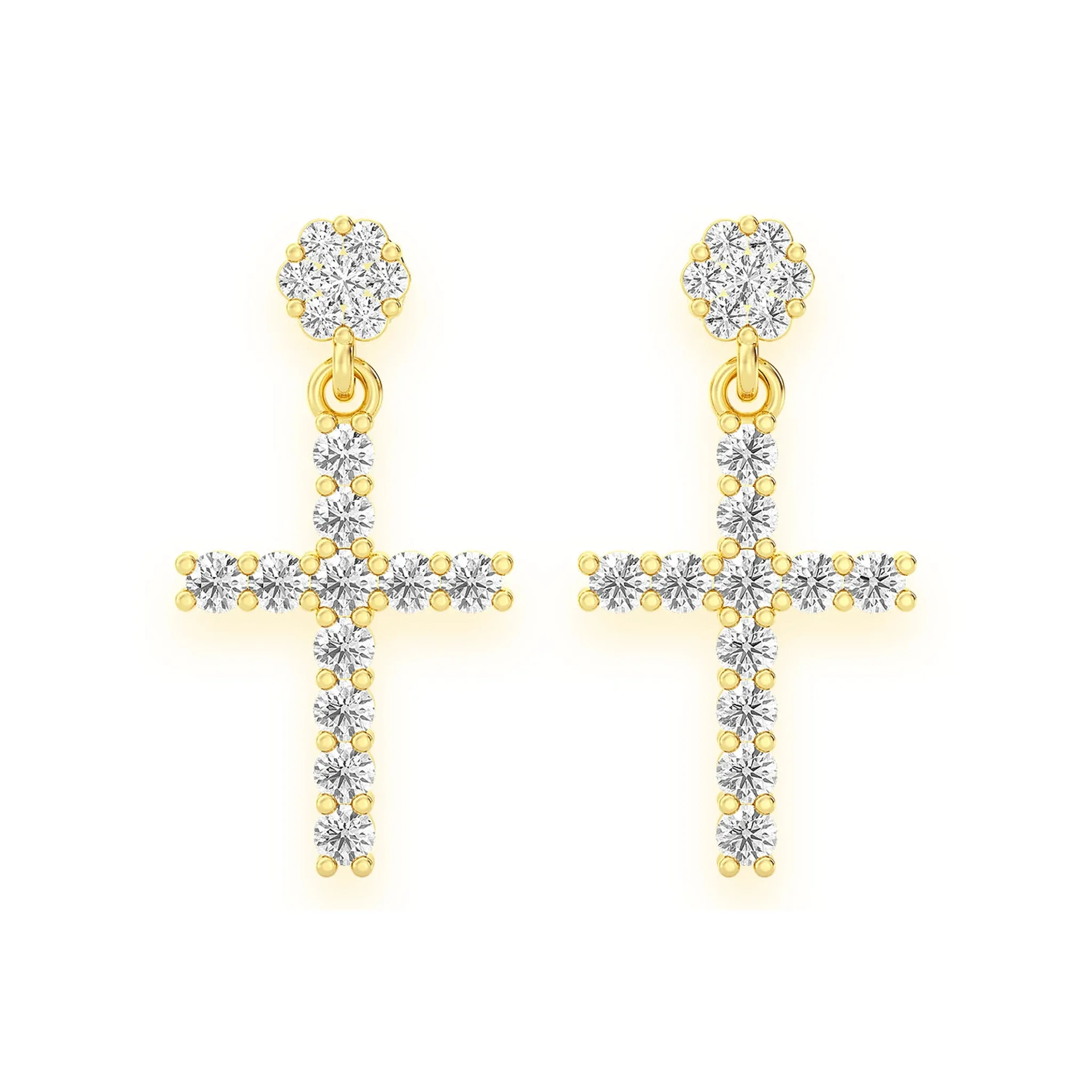 Cross Diamond Stud Drops - earrings in yellow gold