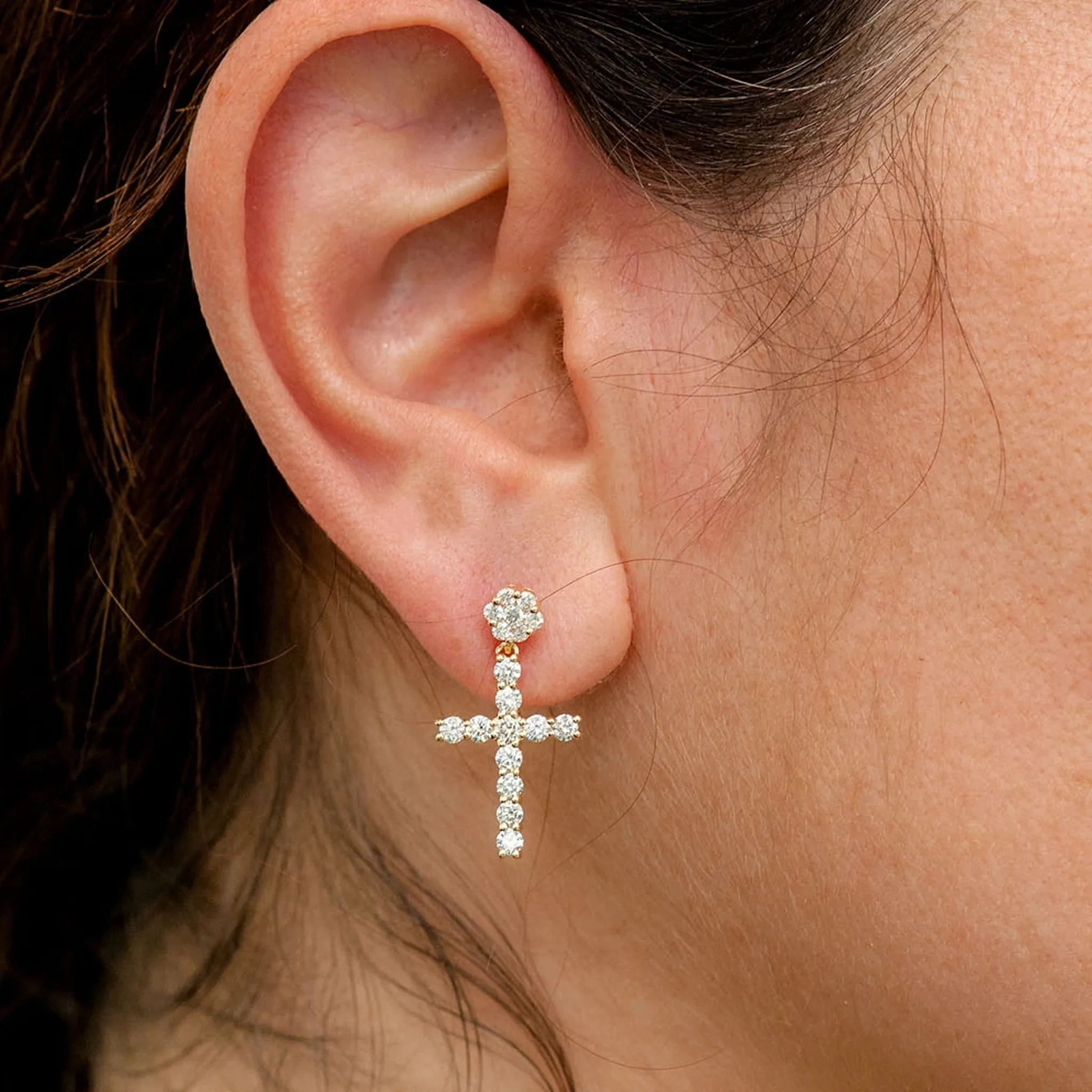 Cross Diamond Stud Drops - earrings in yellow gold (view 2 of 6)