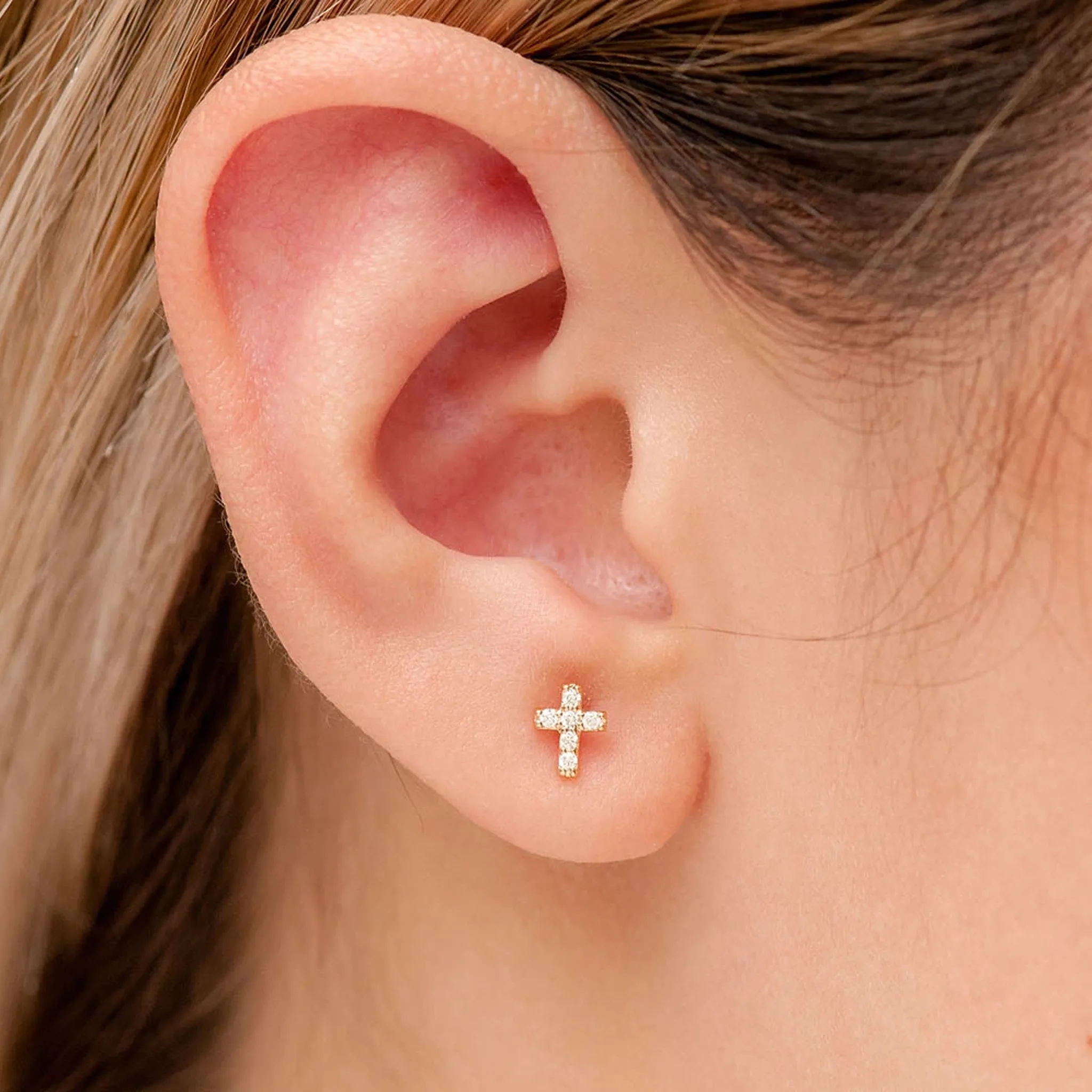 Cross Diamond Stud Earrings - in yellow gold (view 4 of 6)