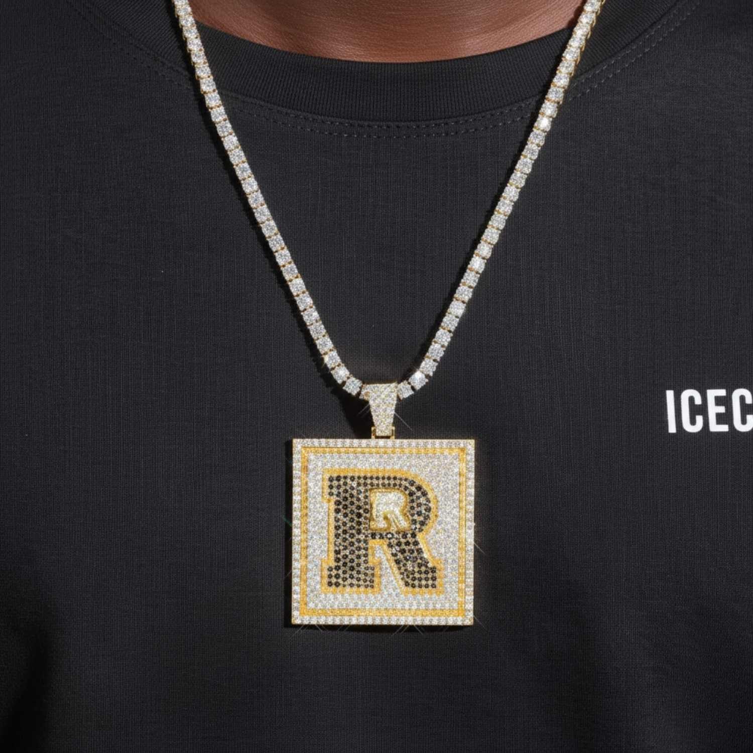 Custom Black Moissanite "R" Pendant 14K Gold (view 2 of 4)
