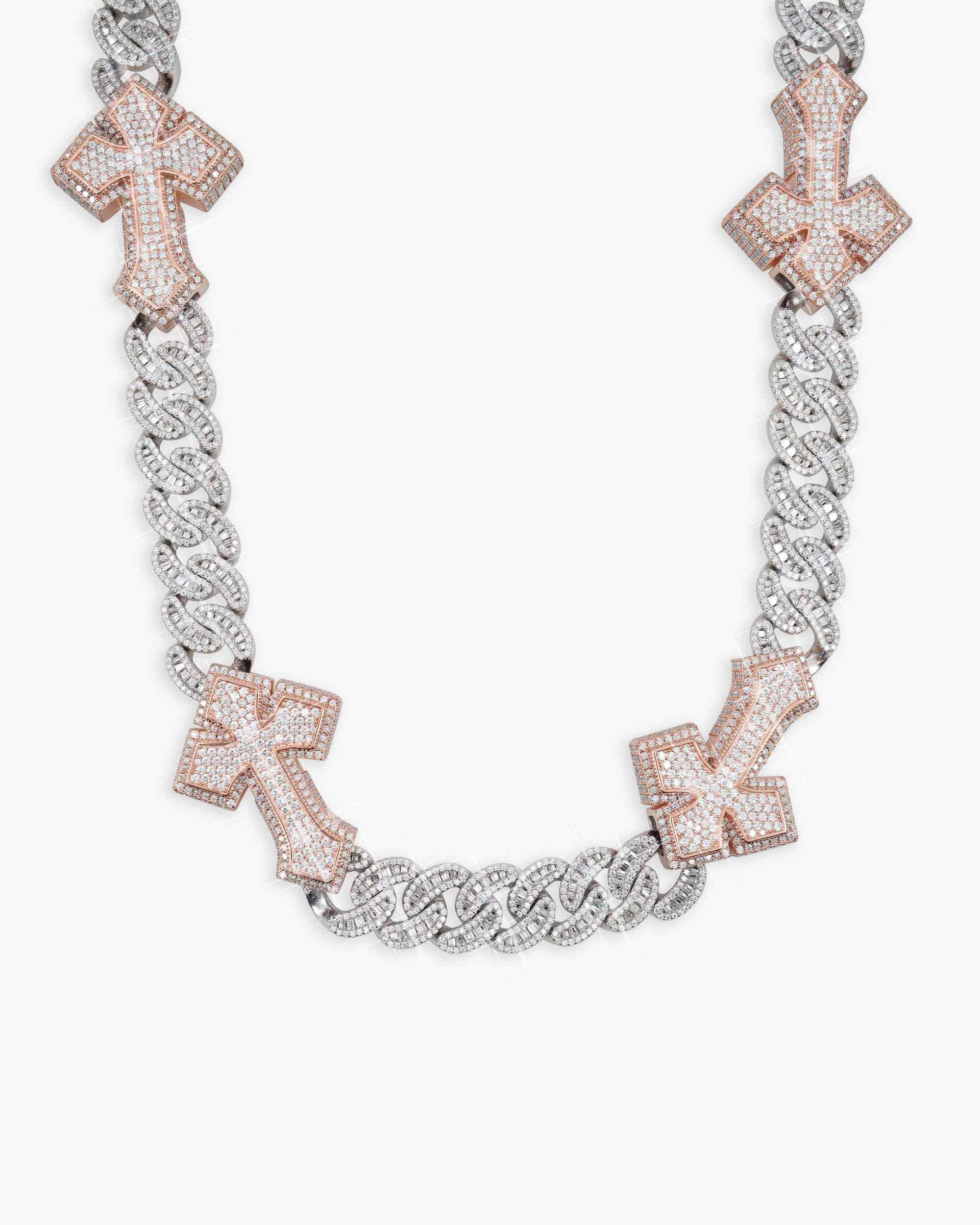 CUSTOM CLASP 15MM Moissanite Baguette Cross Miami Cuban Link Chain 14K Gold