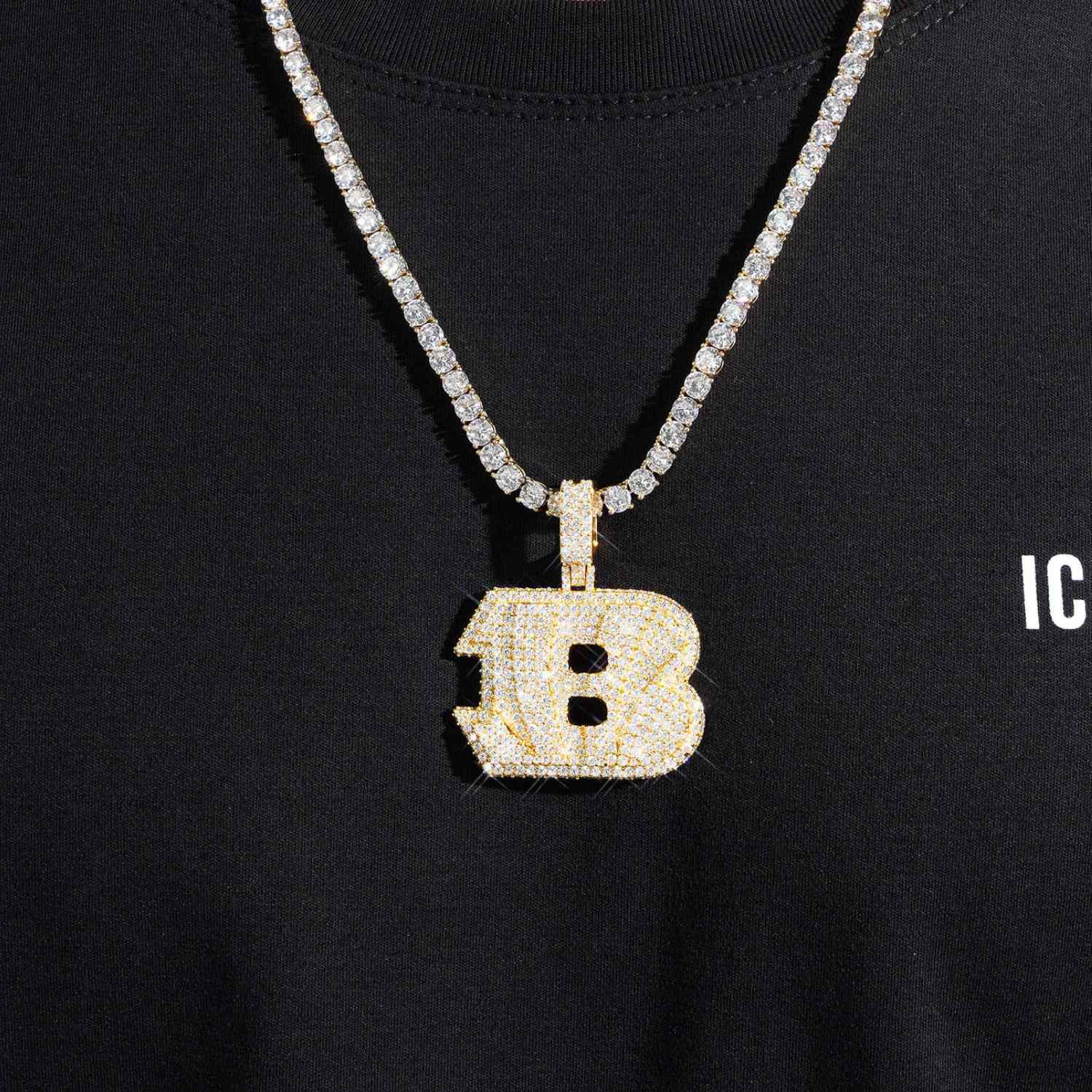 Custom "FAT B" Moissanite Letter Pendant 14K Gold (view 2 of 4)