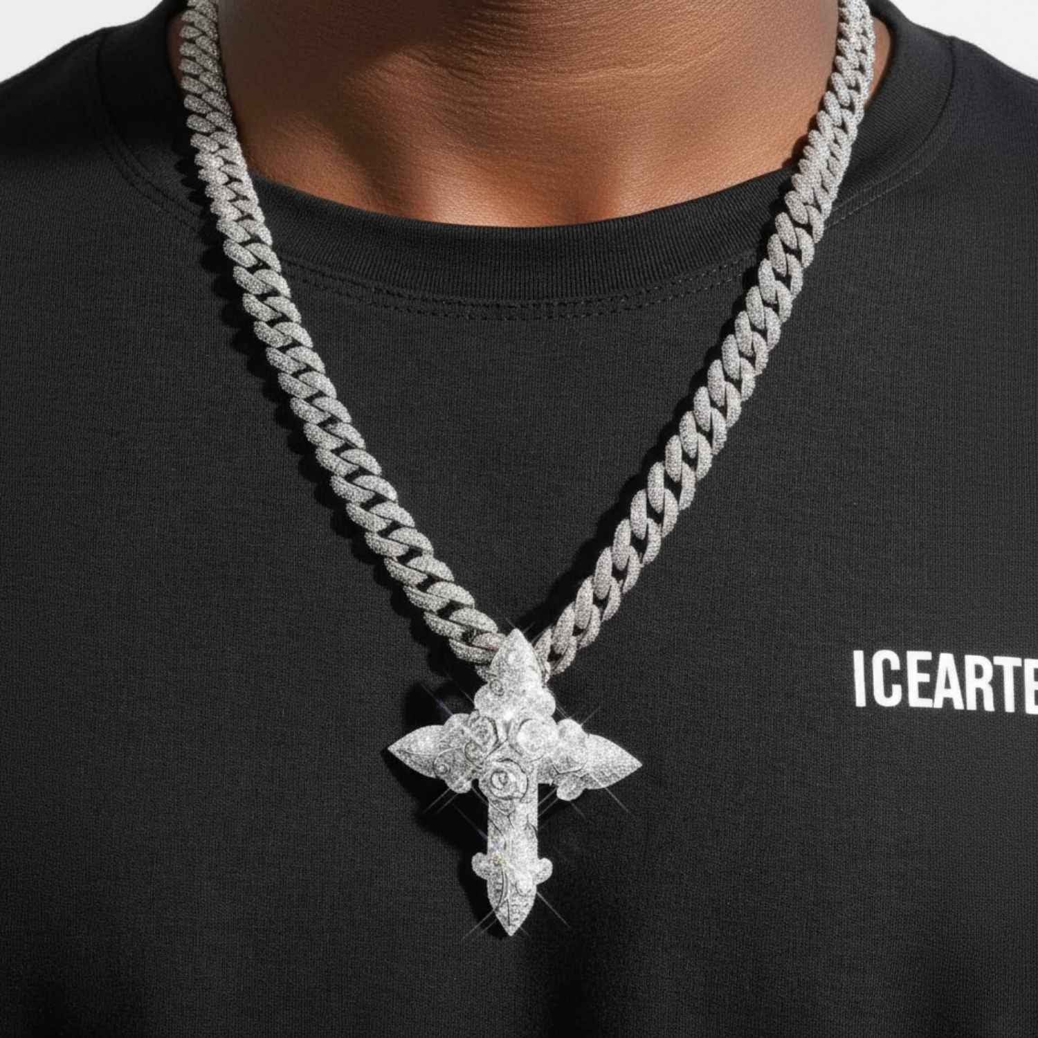 Custom Moissanite Blessed Cross Pendant 14K Gold (view 2 of 4)