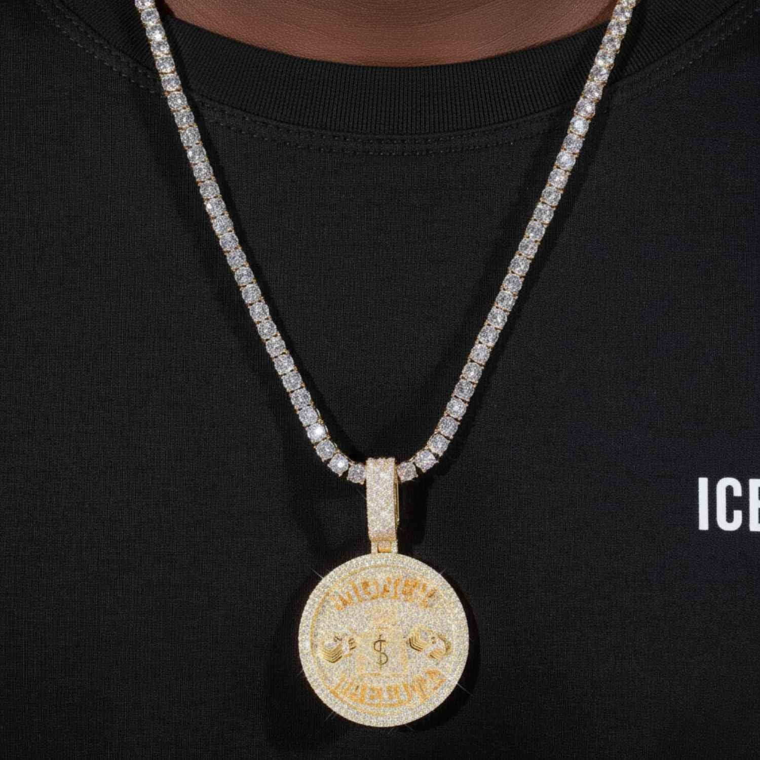 Custom Moissanite "MONEY HABBITS" Circle Pendant 14K Gold (view 2 of 3)