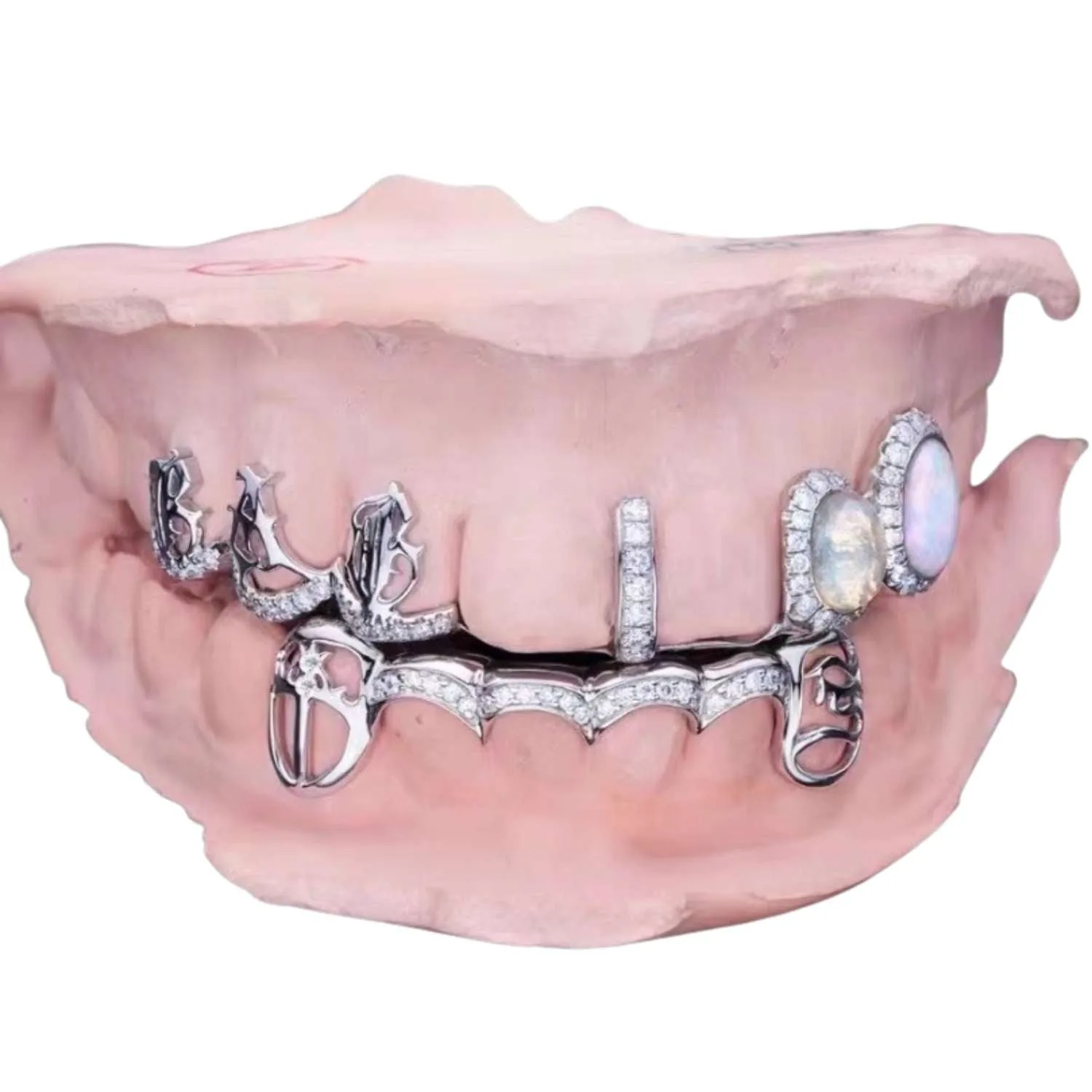 Custom Moissanite Opal Grillz - custom piece in white gold (view 4 of 12)