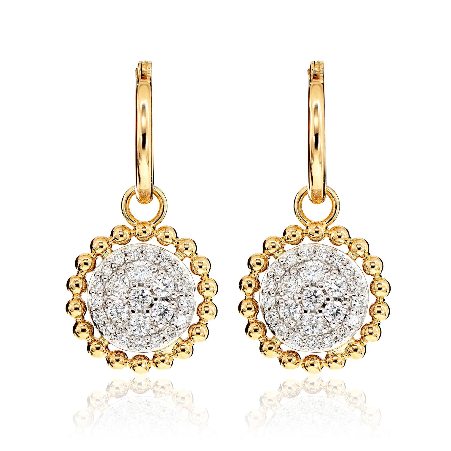 Dangling Diamond Halo Cluster Earrings - in yellow gold