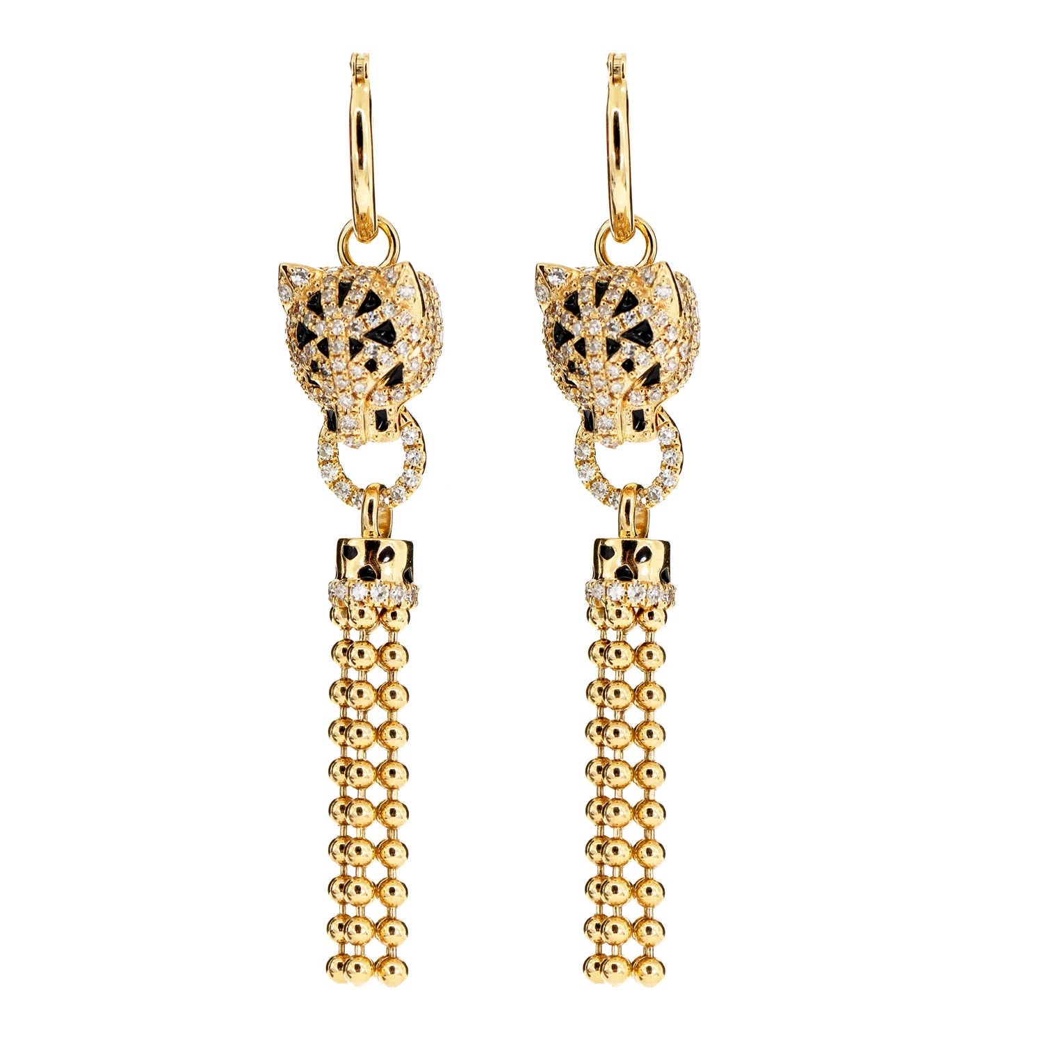 Dangling Leopard Tassel Diamond Hoop Earrings - in yellow gold
