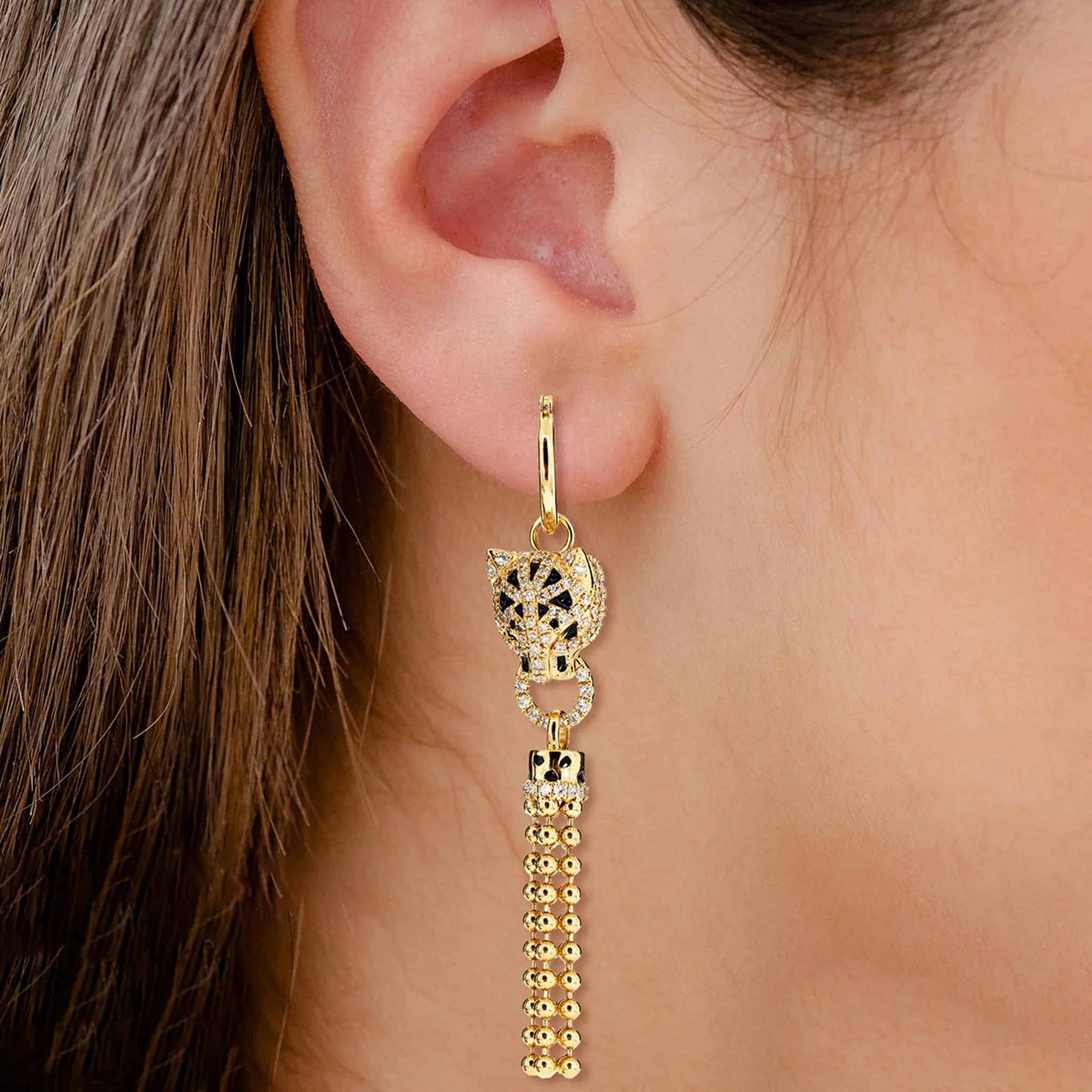 Dangling Leopard Tassel Diamond Hoop Earrings - in yellow gold (view 2 of 6)