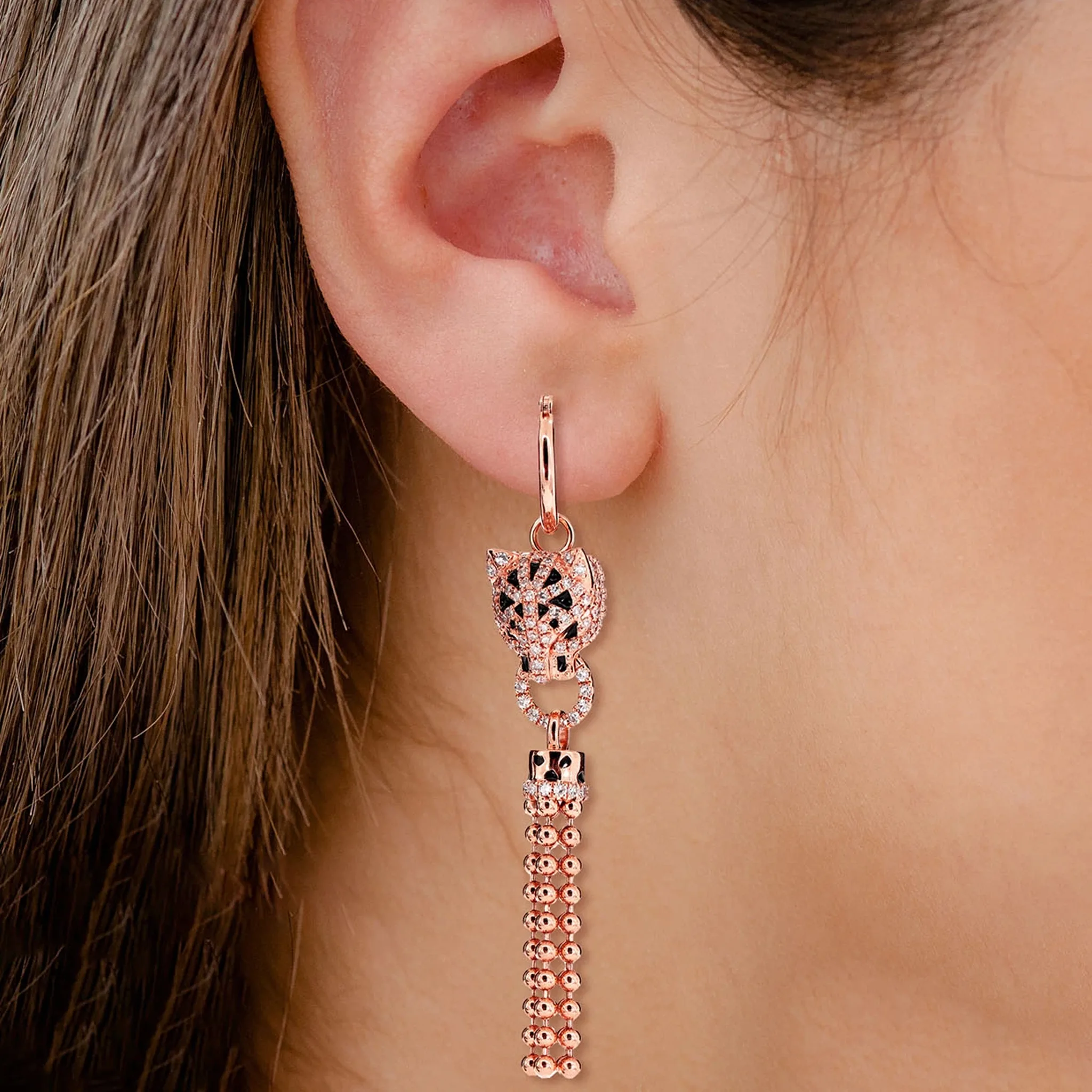 Dangling Leopard Tassel Diamond Hoop Earrings - in yellow gold (view 6 of 6)