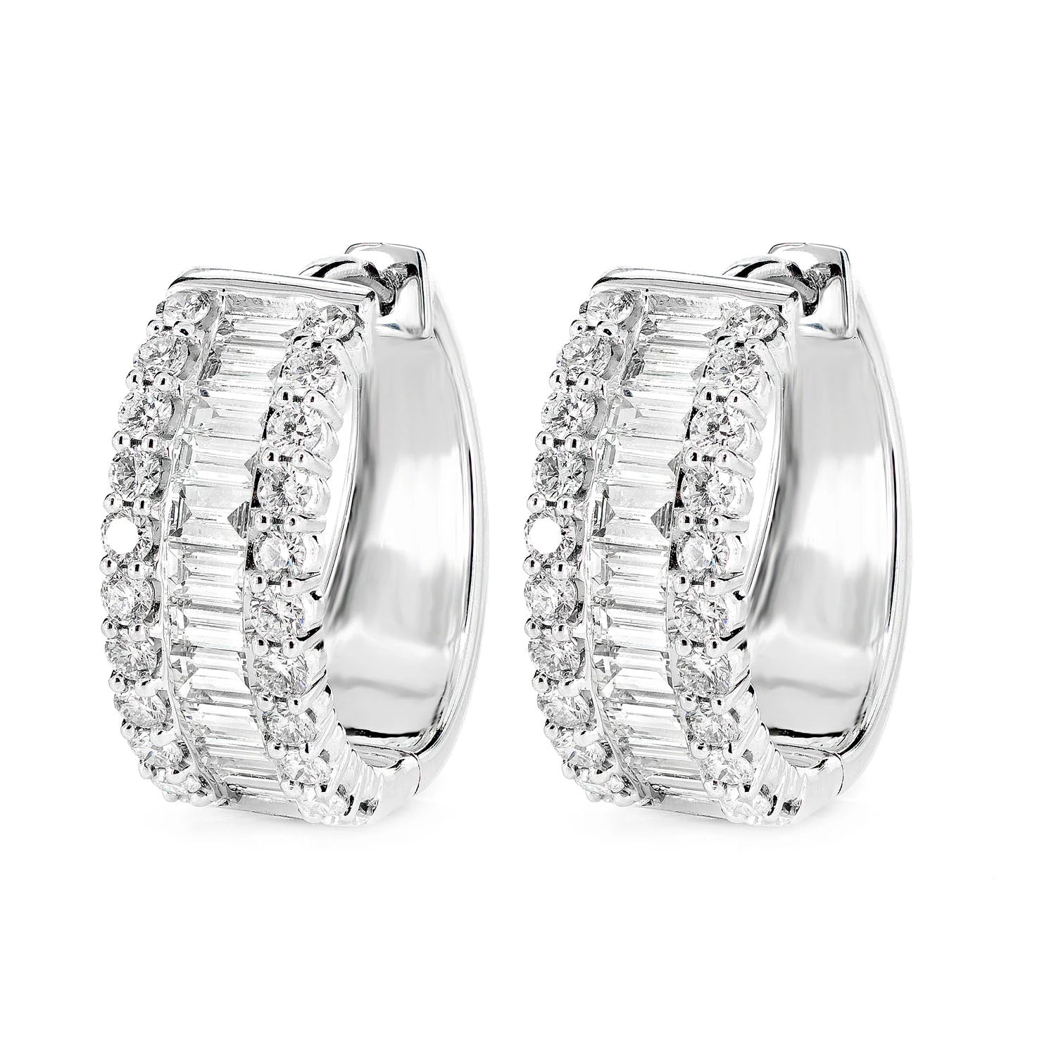 Diamond Baguette and Round Hoop Earrings - in white gold