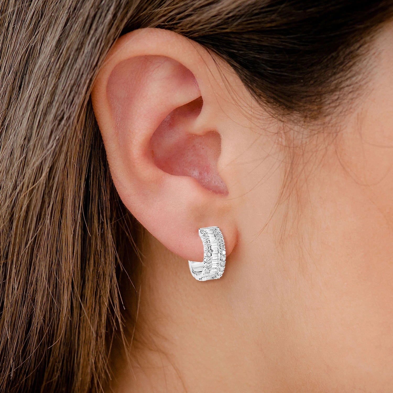 Diamond Baguette and Round Hoop Earrings - in white gold (view 2 of 2)