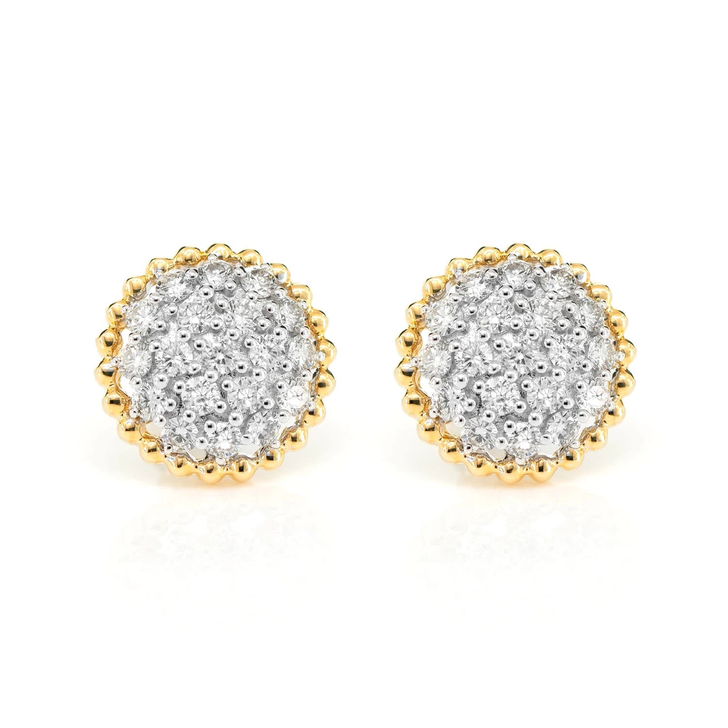 Diamond Beaded Halo Cluster Stud Earrings - in yellow gold