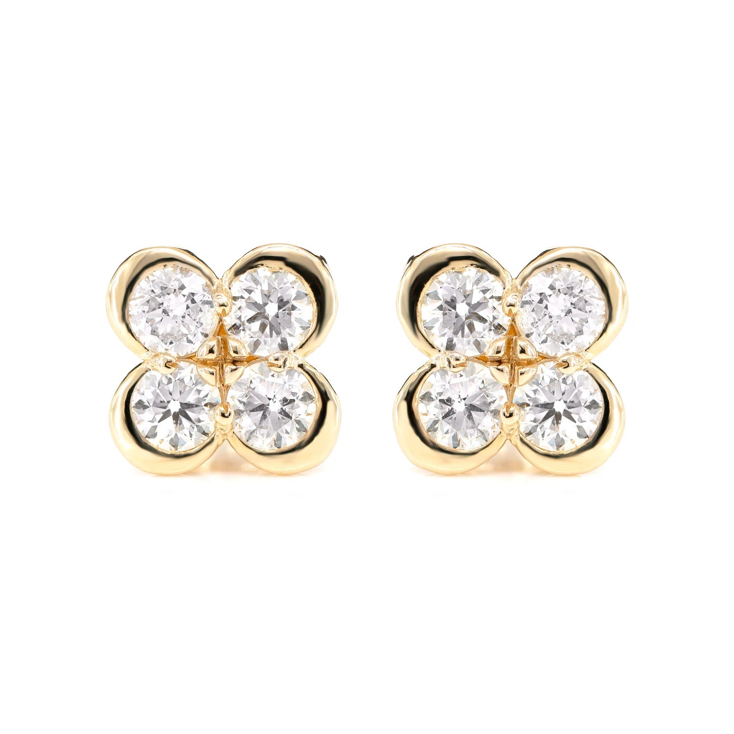 Diamond Bezel Clover Stud Earrings - in yellow gold