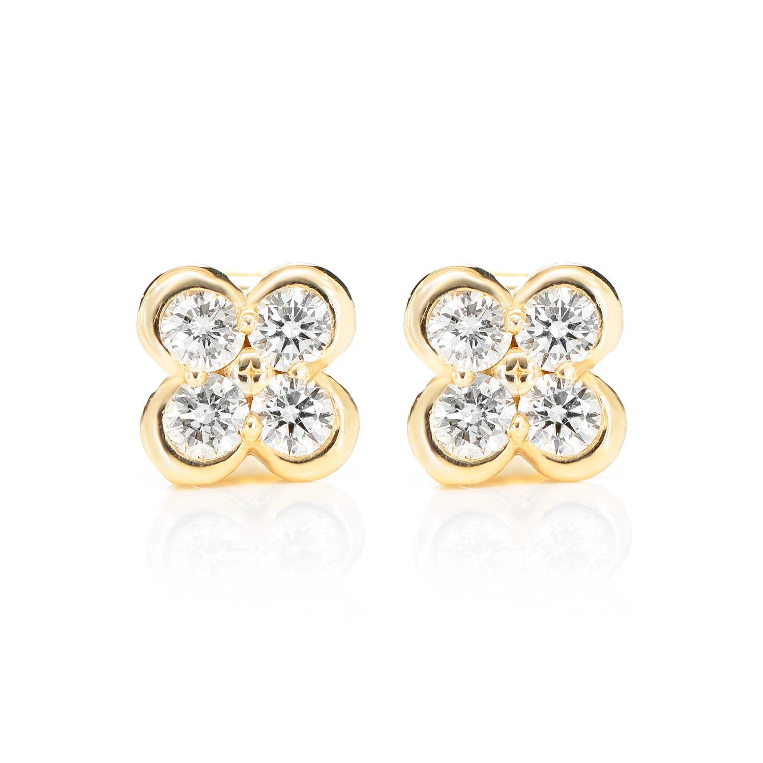 Diamond Clover Bezel Stud Earrings - in yellow gold