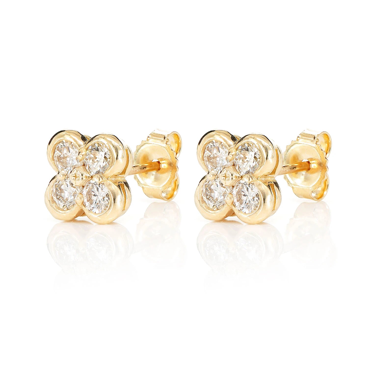Diamond Clover Bezel Stud Earrings - in yellow gold (view 3 of 9)