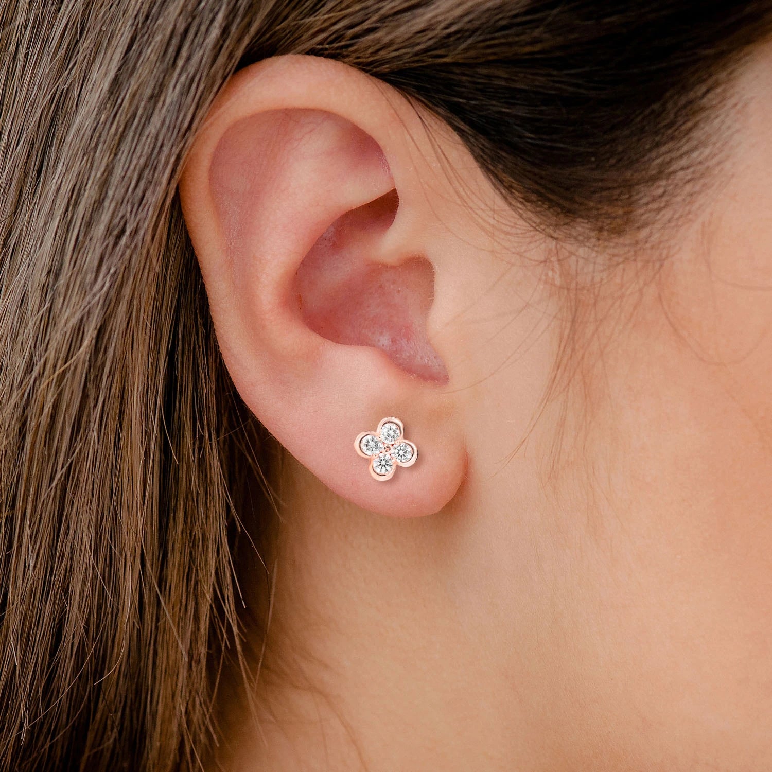 Diamond Clover Bezel Stud Earrings - in yellow gold (view 8 of 9)