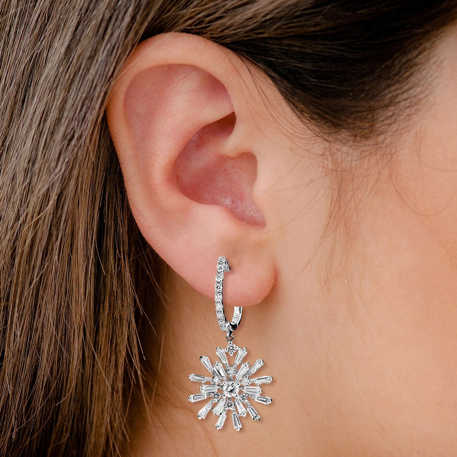 Diamond Dangling Baguette Starburst Earrings - in white gold (view 2 of 2)