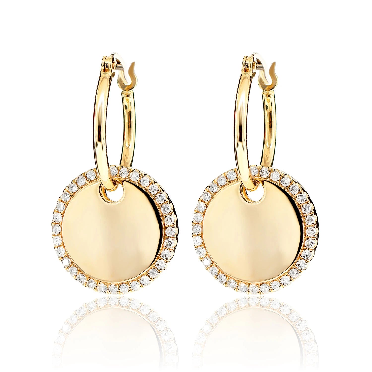 Diamond Dangling Halo Disc Hoop Earrings - in yellow gold
