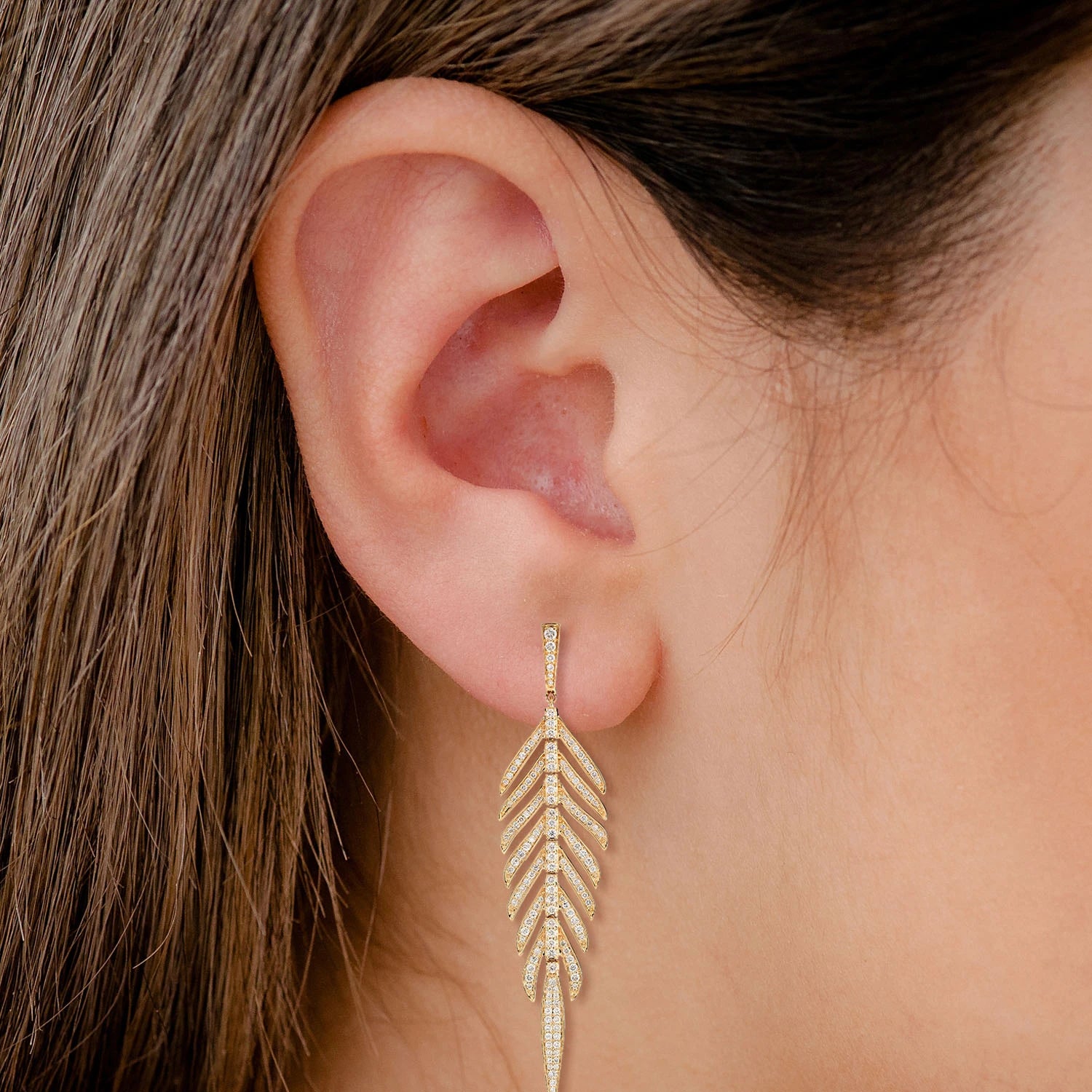 Diamond Dangling Leaf Earrings - in yellow gold (view 2 of 6)