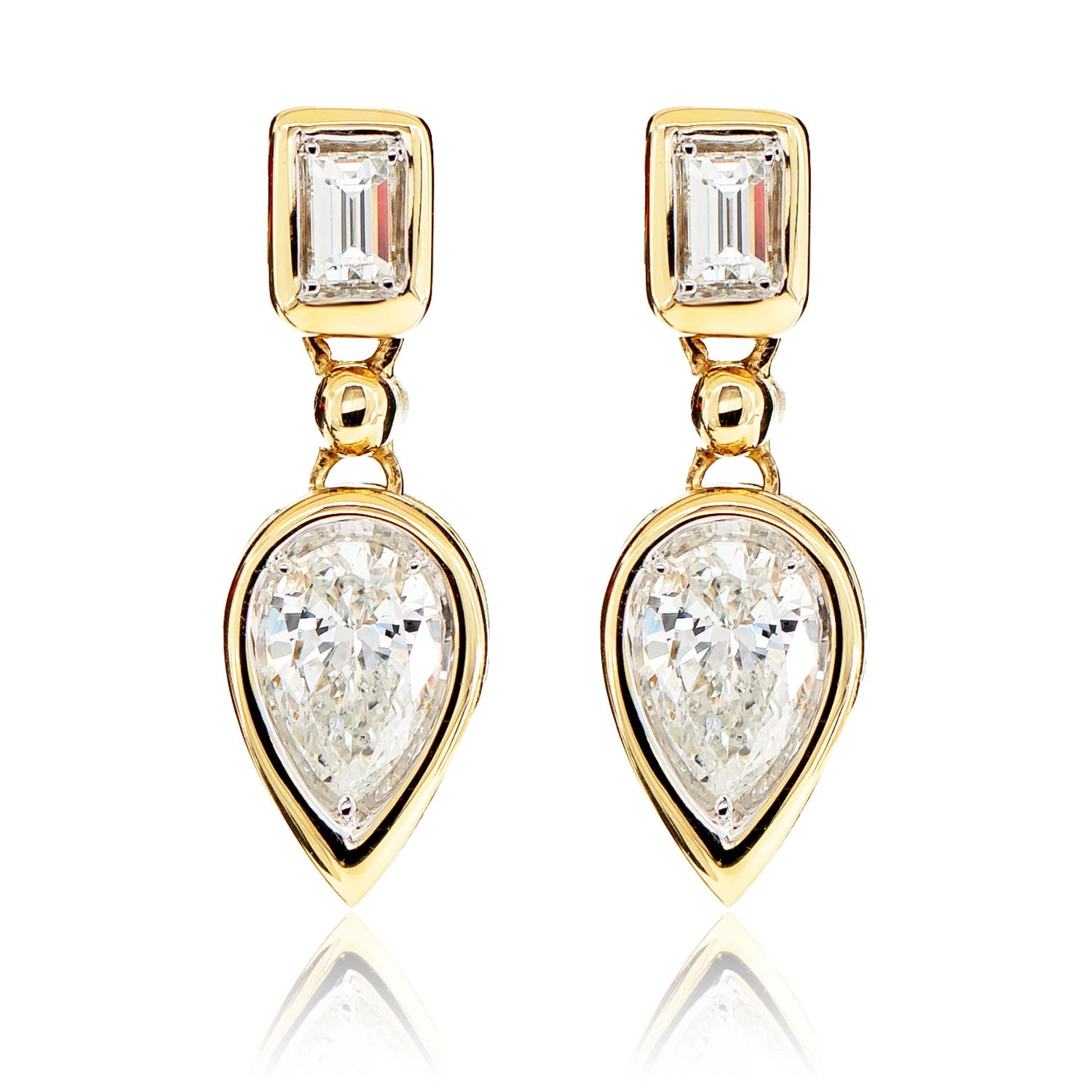 Diamond Dangling Pear Bezel Earrings - in yellow gold
