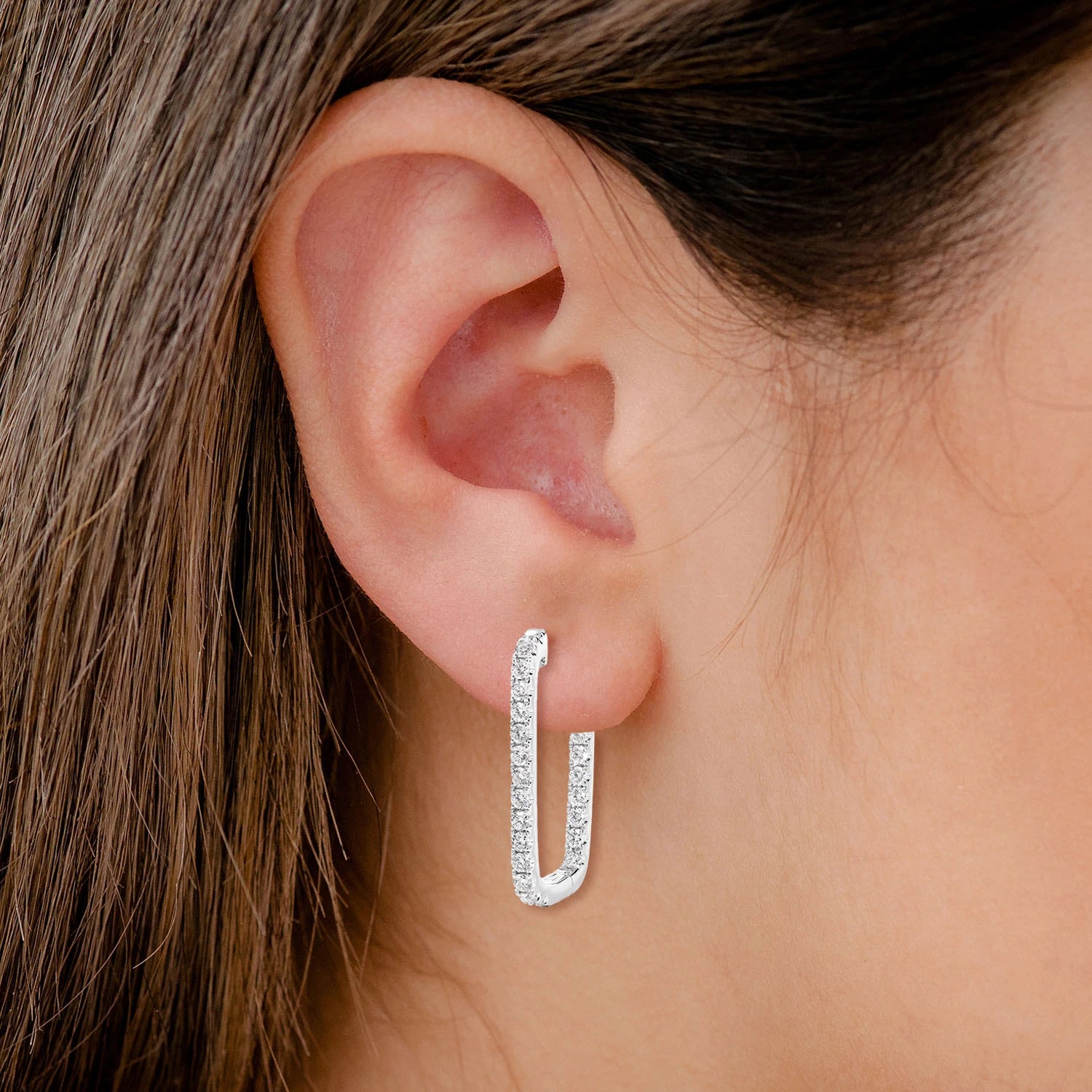 Diamond Elongated Inside Outside Hoop Earrings - in white gold (view 2 of 2)