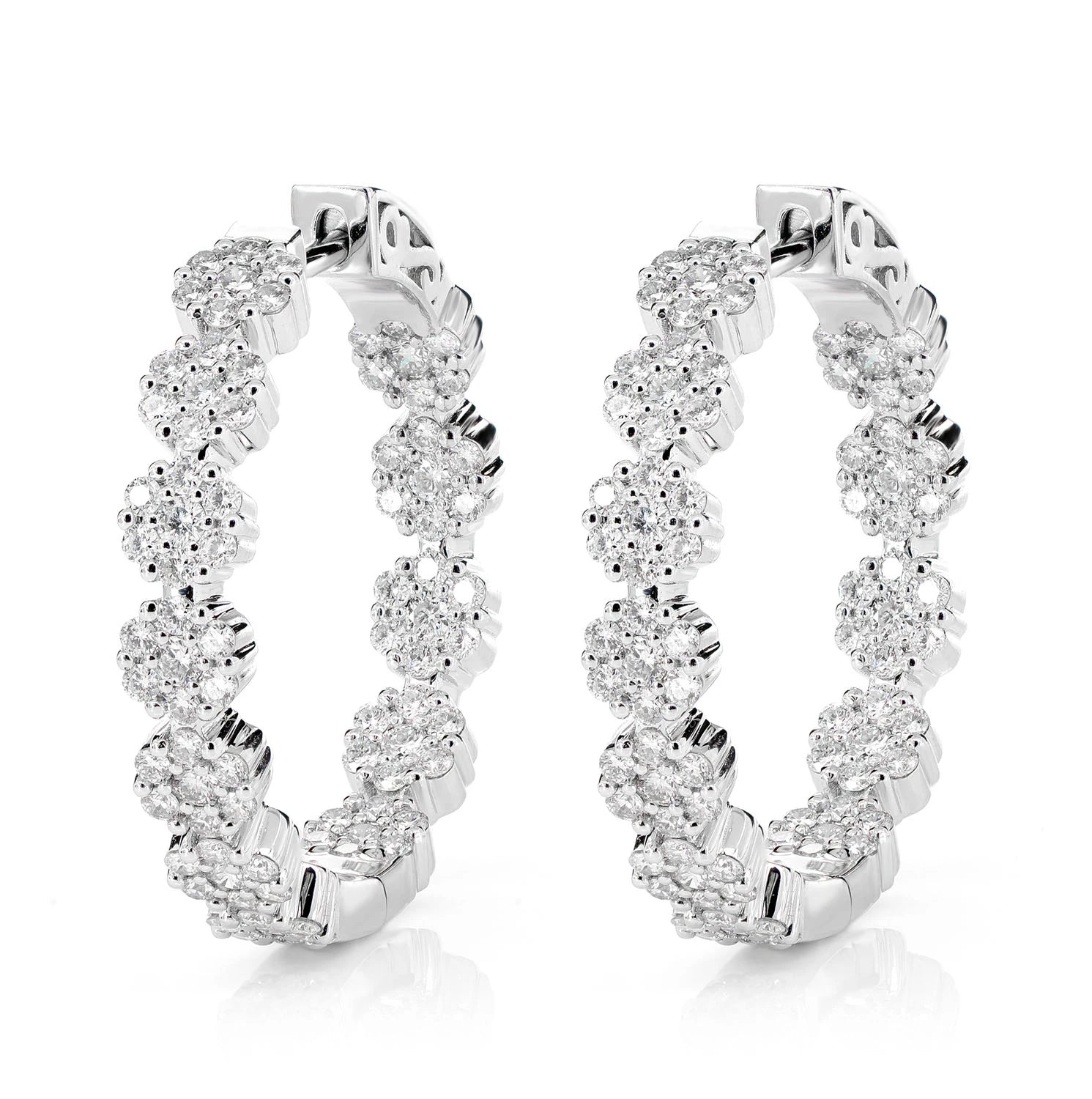 Diamond Flower Inside Outside Hoop Earrings - in white gold