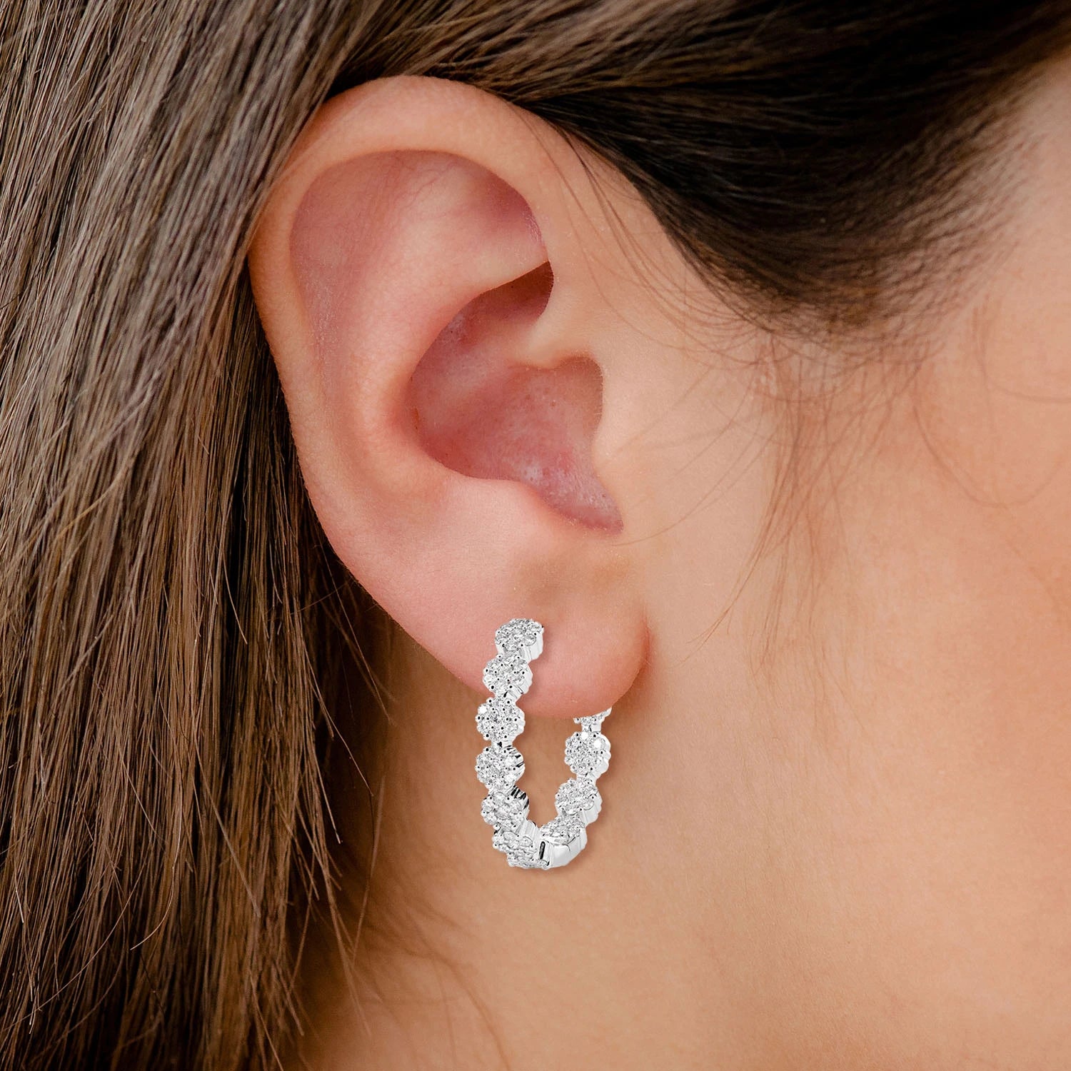 Diamond Flower Inside Outside Hoop Earrings - in white gold (view 2 of 2)