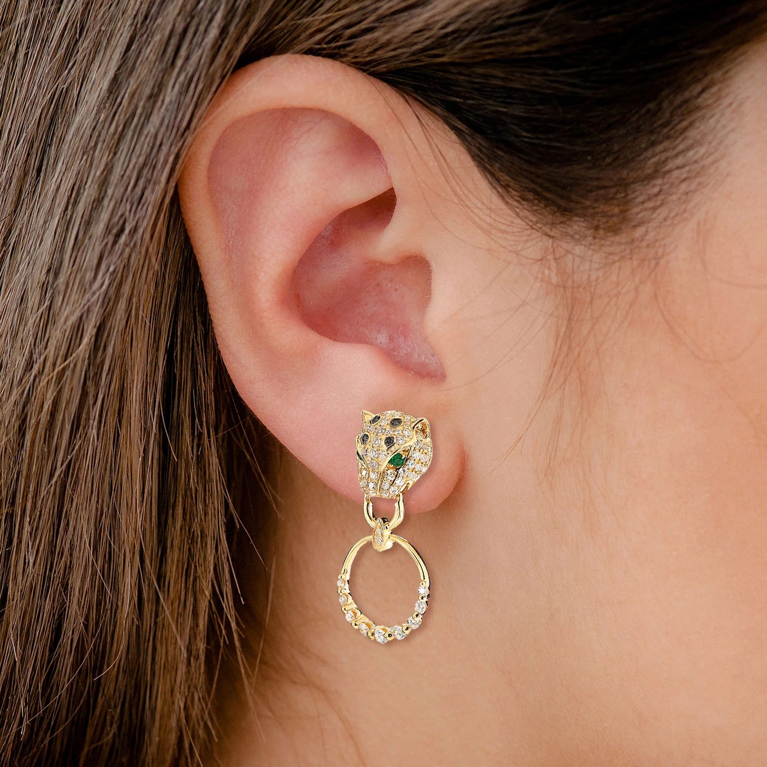 Diamond Leopard Hoop Earrings - in yellow gold (view 2 of 9)