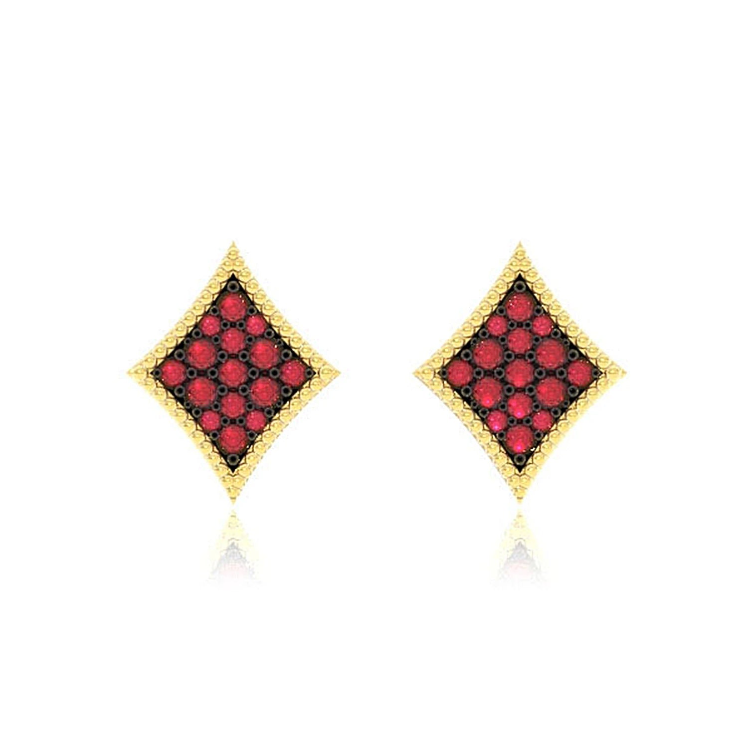 Diamond Playing Card Ruby Stud Earrings - in yellow gold