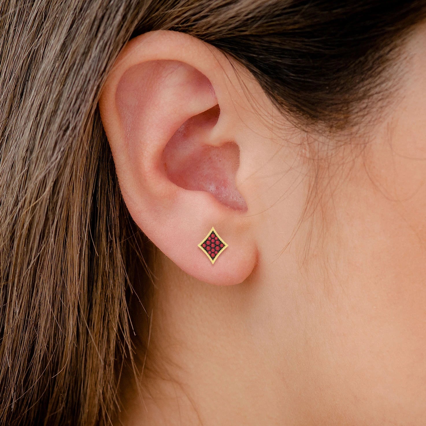 Diamond Playing Card Ruby Stud Earrings - in yellow gold (view 2 of 6)