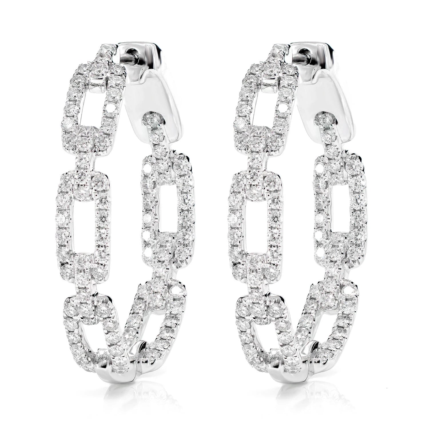 Diamond Rectangular Link Hoop Earrings - in white gold