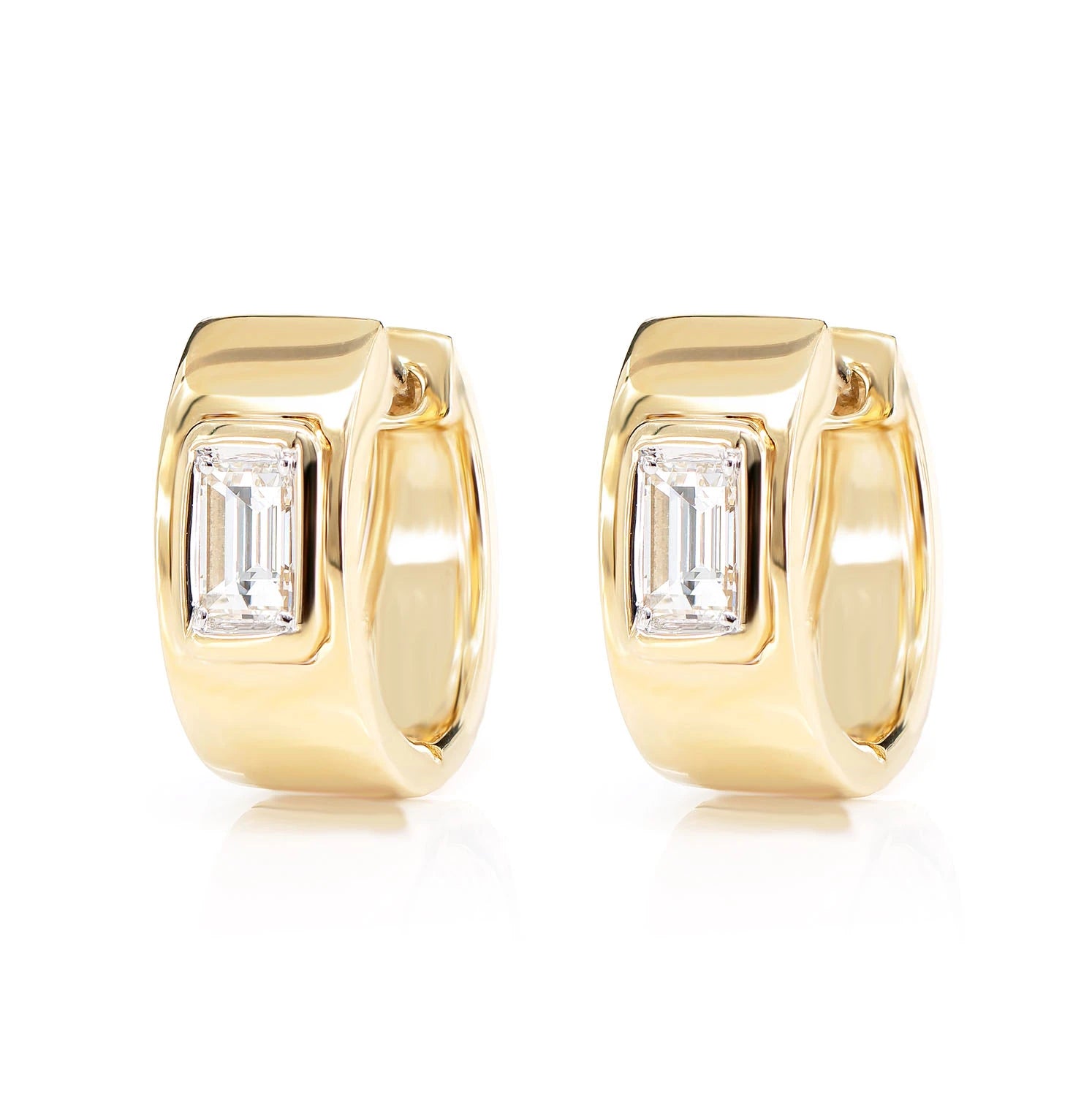 Diamond Solitaire Baguette Framed Huggie Earrings - in yellow gold