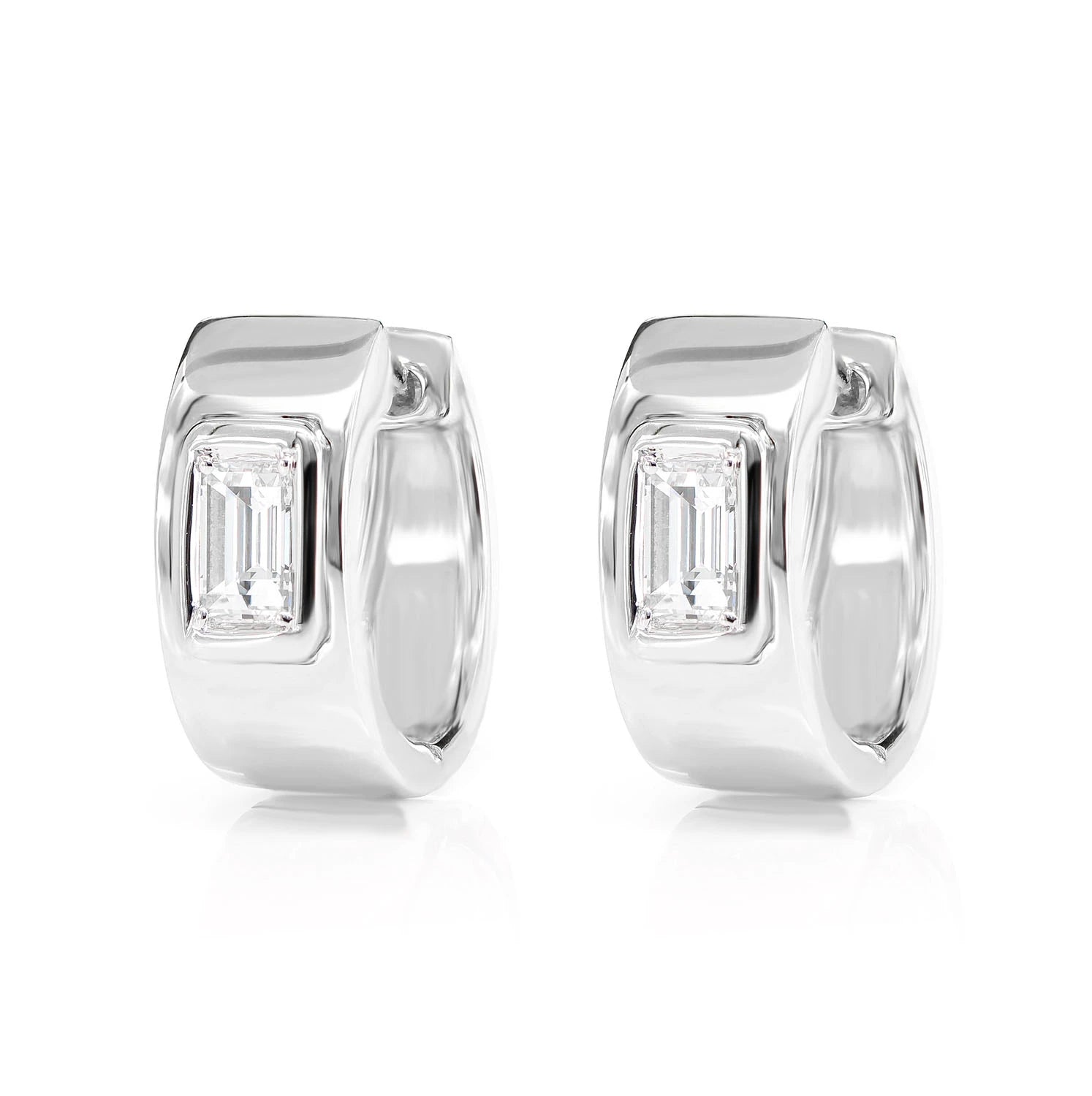 Diamond Solitaire Baguette Framed Huggie Earrings - in yellow gold (view 3 of 6)