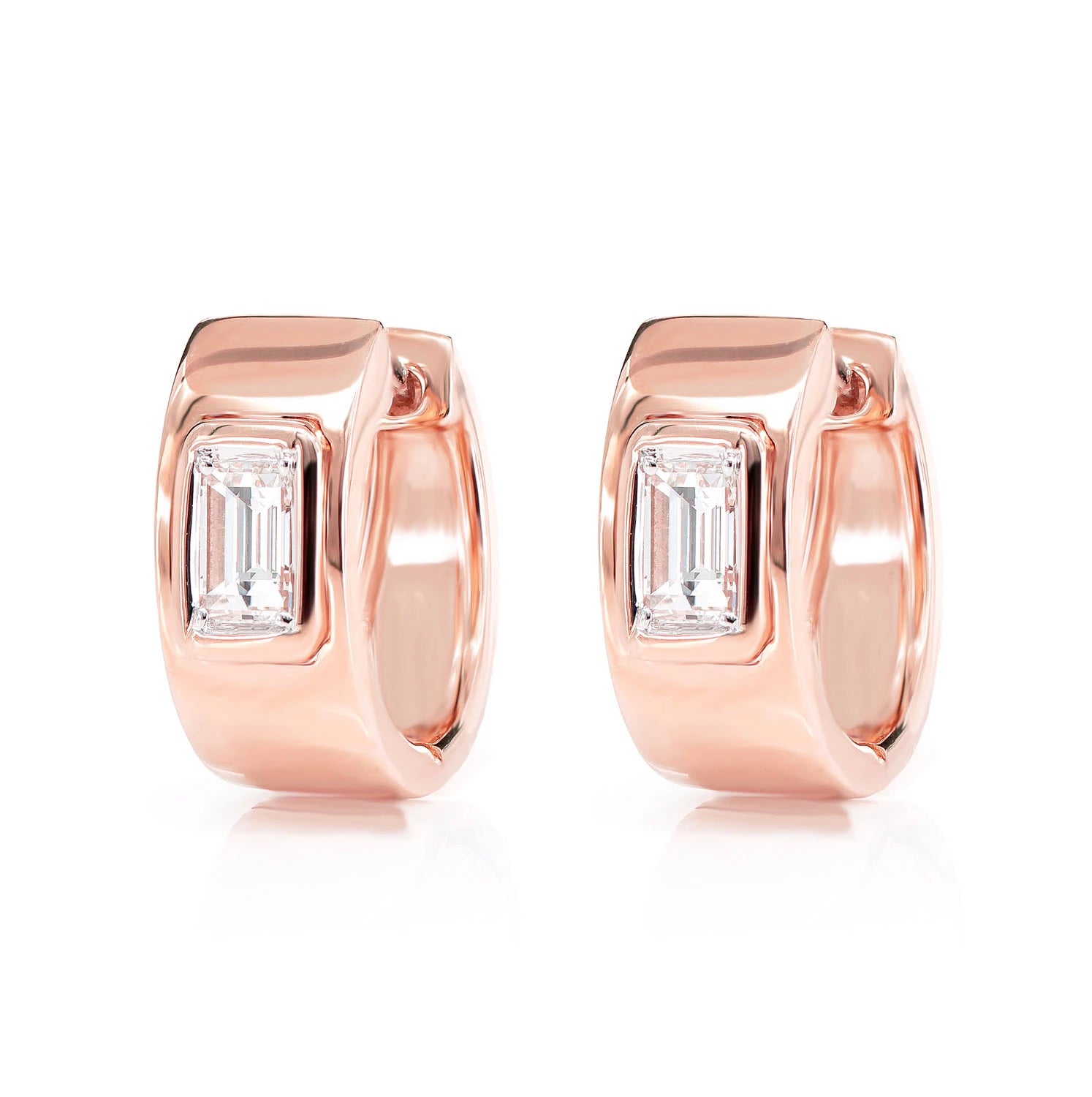Diamond Solitaire Baguette Framed Huggie Earrings - in yellow gold (view 5 of 6)