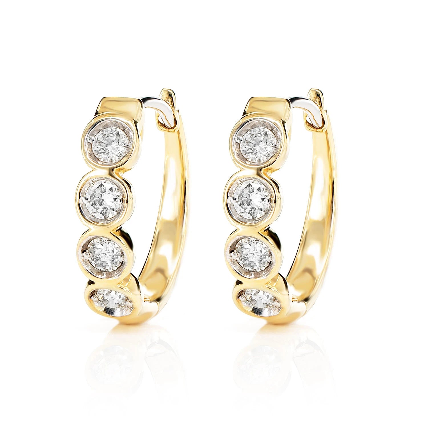 Diamond Solitaire Bezel Hoop Earrings - in yellow gold