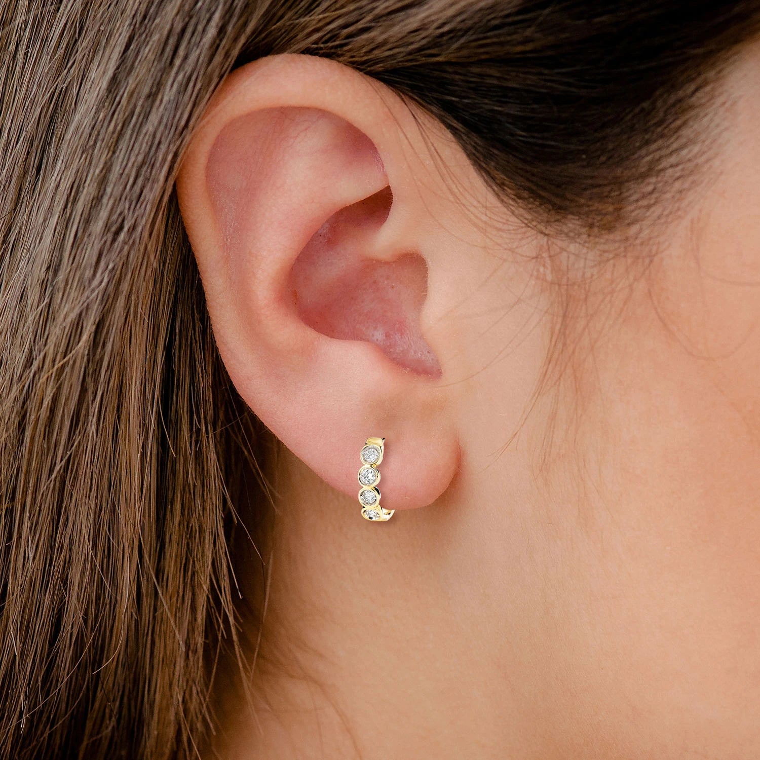 Diamond Solitaire Bezel Hoop Earrings - in yellow gold (view 2 of 6)