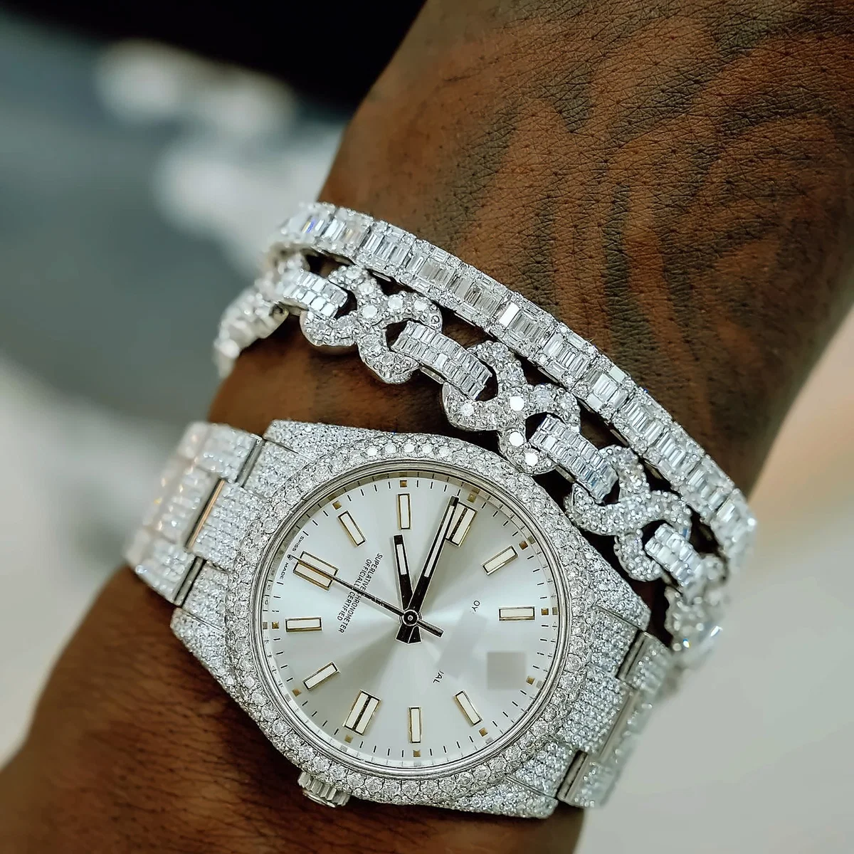 Diamond Style Luxury Watch with Iced Bracelet Set in Silver Tone (view 2 of 2)