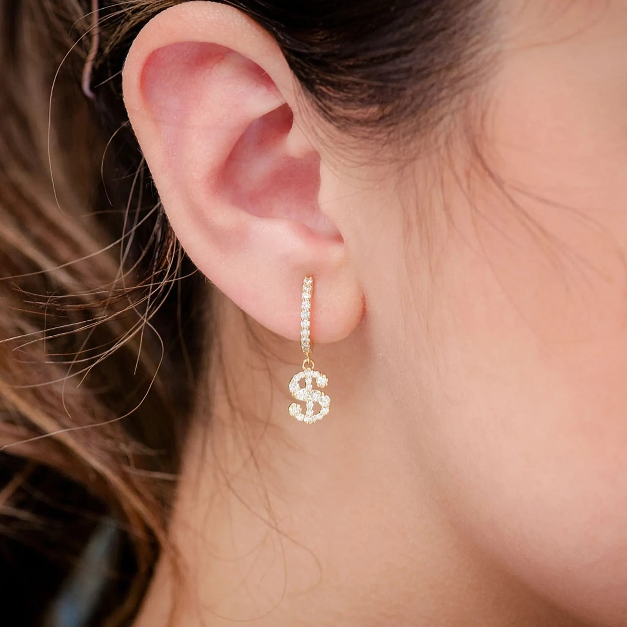 Dollar Sign Hoop Drops - earrings lab grown diamond in yellow gold (view 2 of 6)