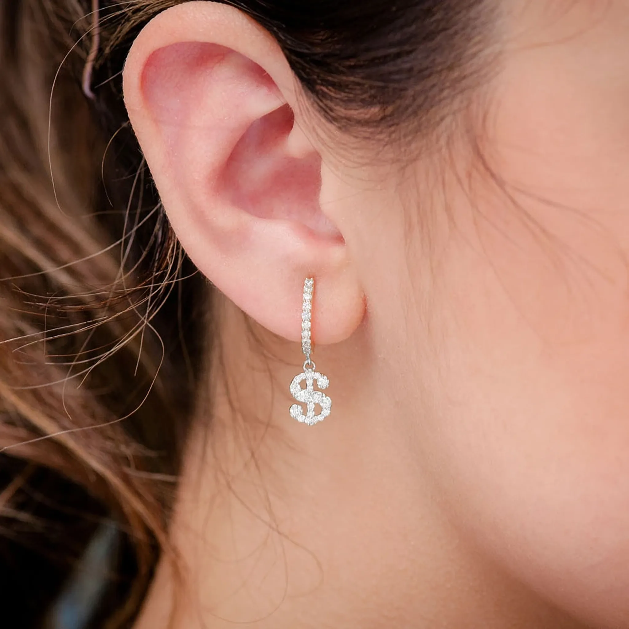 Dollar Sign Hoop Drops - earrings lab grown diamond in yellow gold (view 4 of 6)