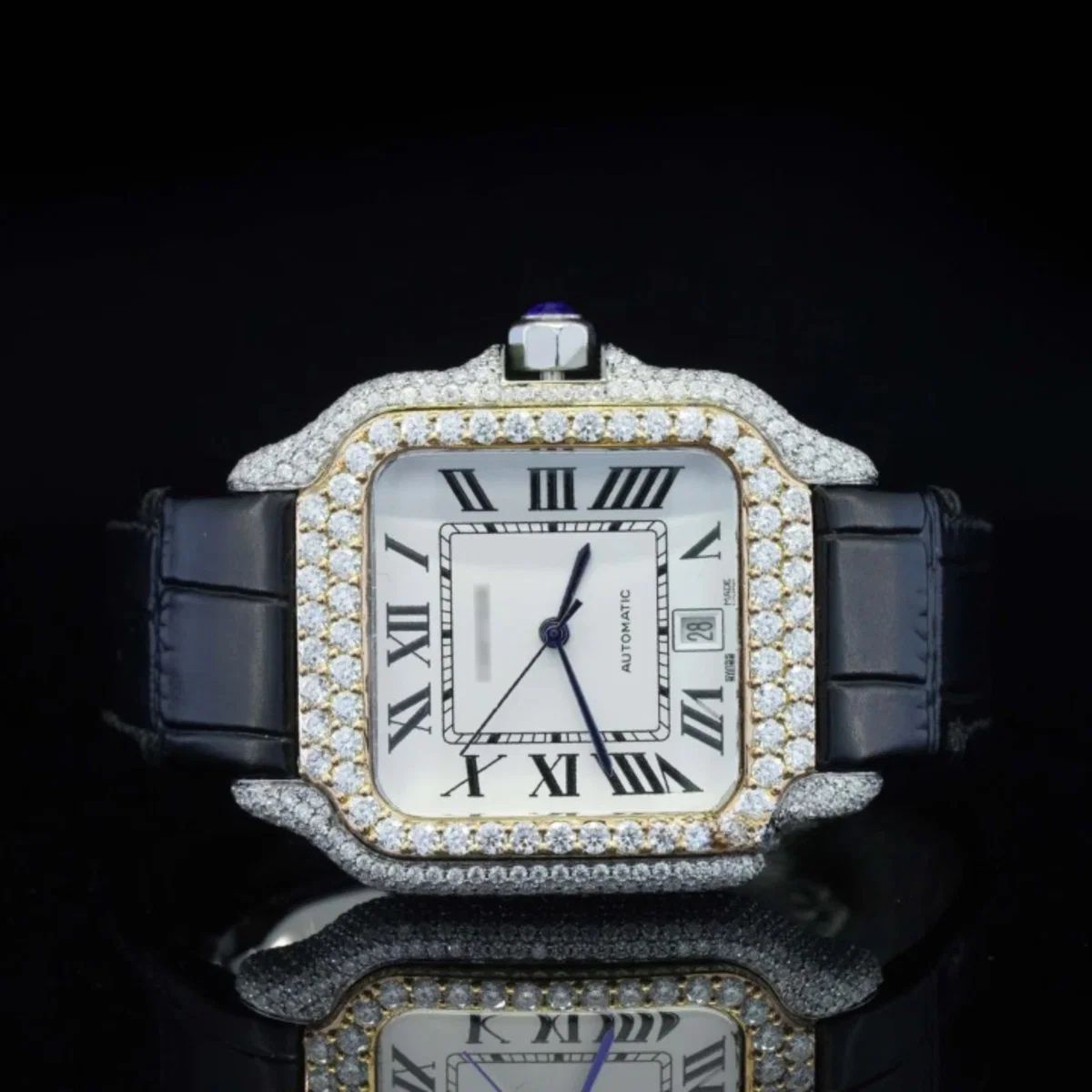 Fabulous Black Leather Belt Moissanite Diamond Watch (view 2 of 5)