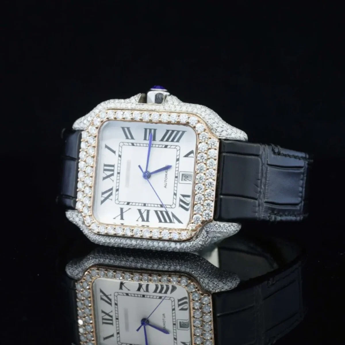 Fabulous Black Leather Belt Moissanite Diamond Watch (view 4 of 5)